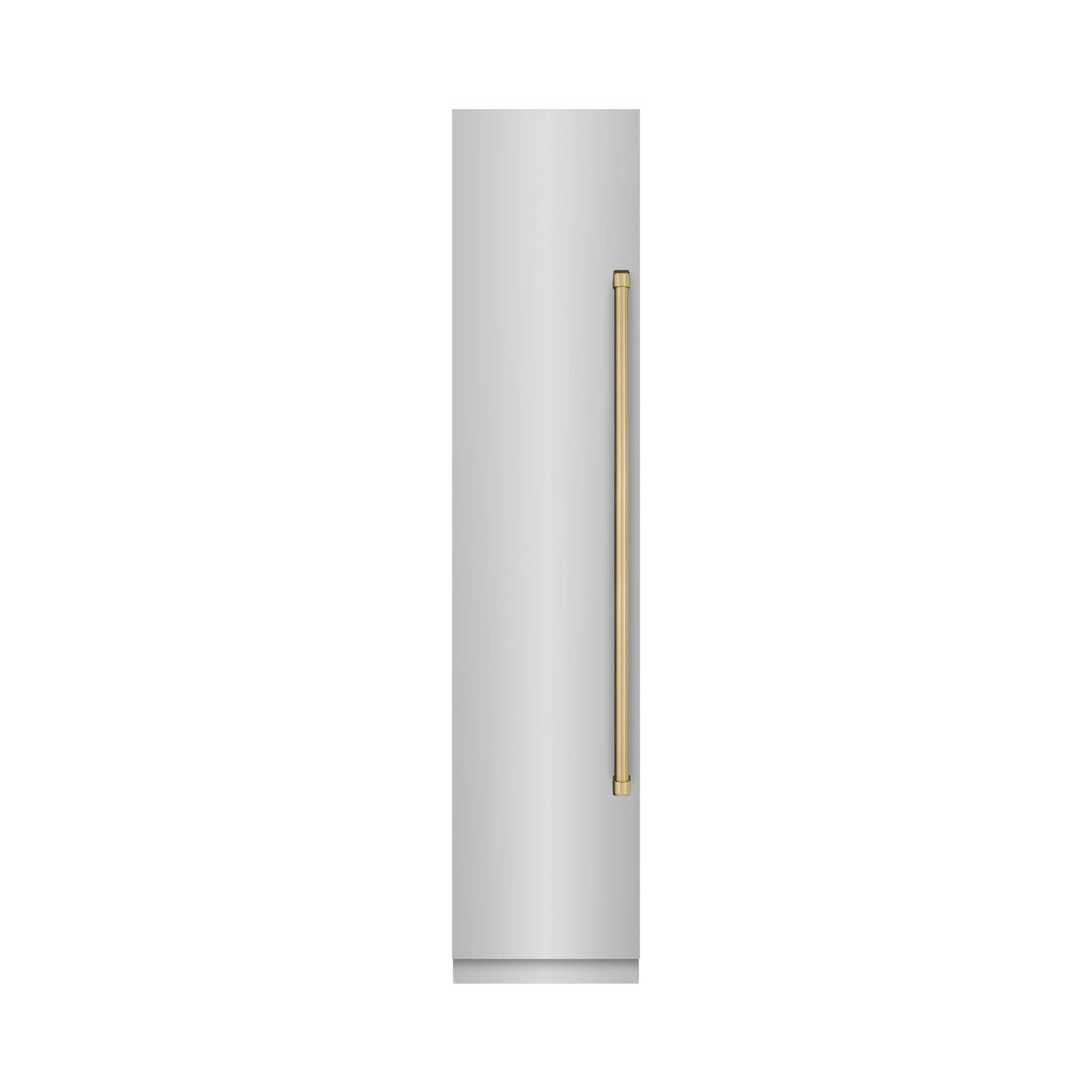 Champagne bronze vertical handle on a stainless column freezer door