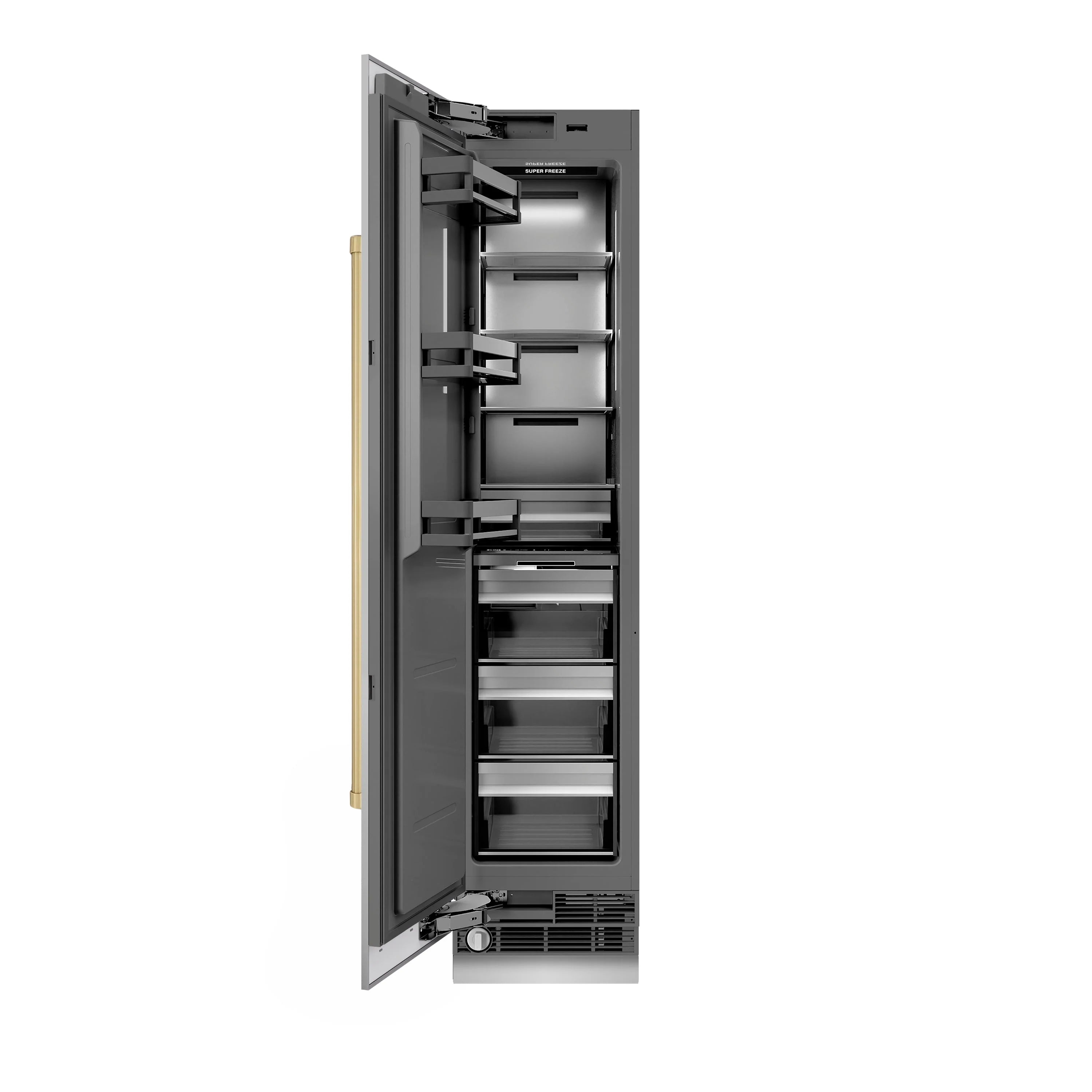 Column freezer with door open, wire shelves, and left-hinge interior layout