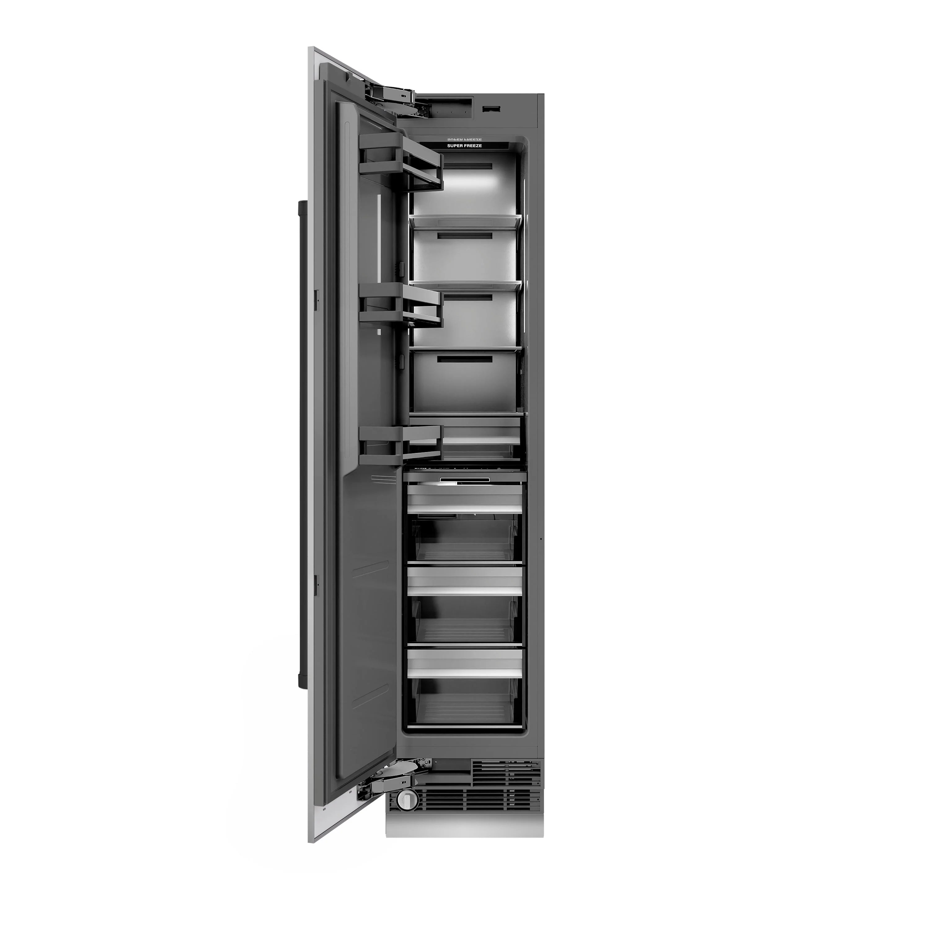 Column freezer with door open, showing internal shelves and stainless compartments