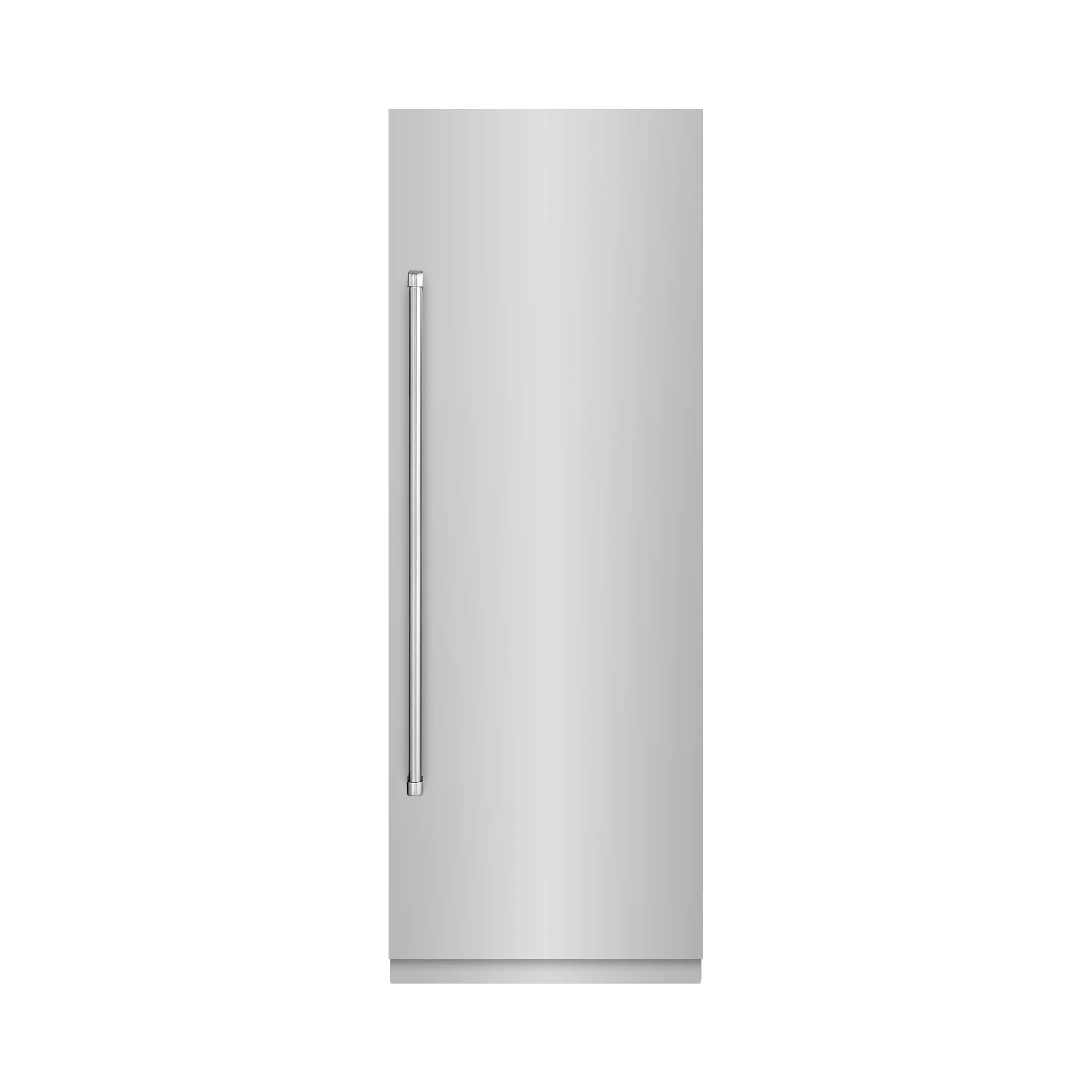 Stainless steel column refrigerator with vertical bar handle, smooth front door.