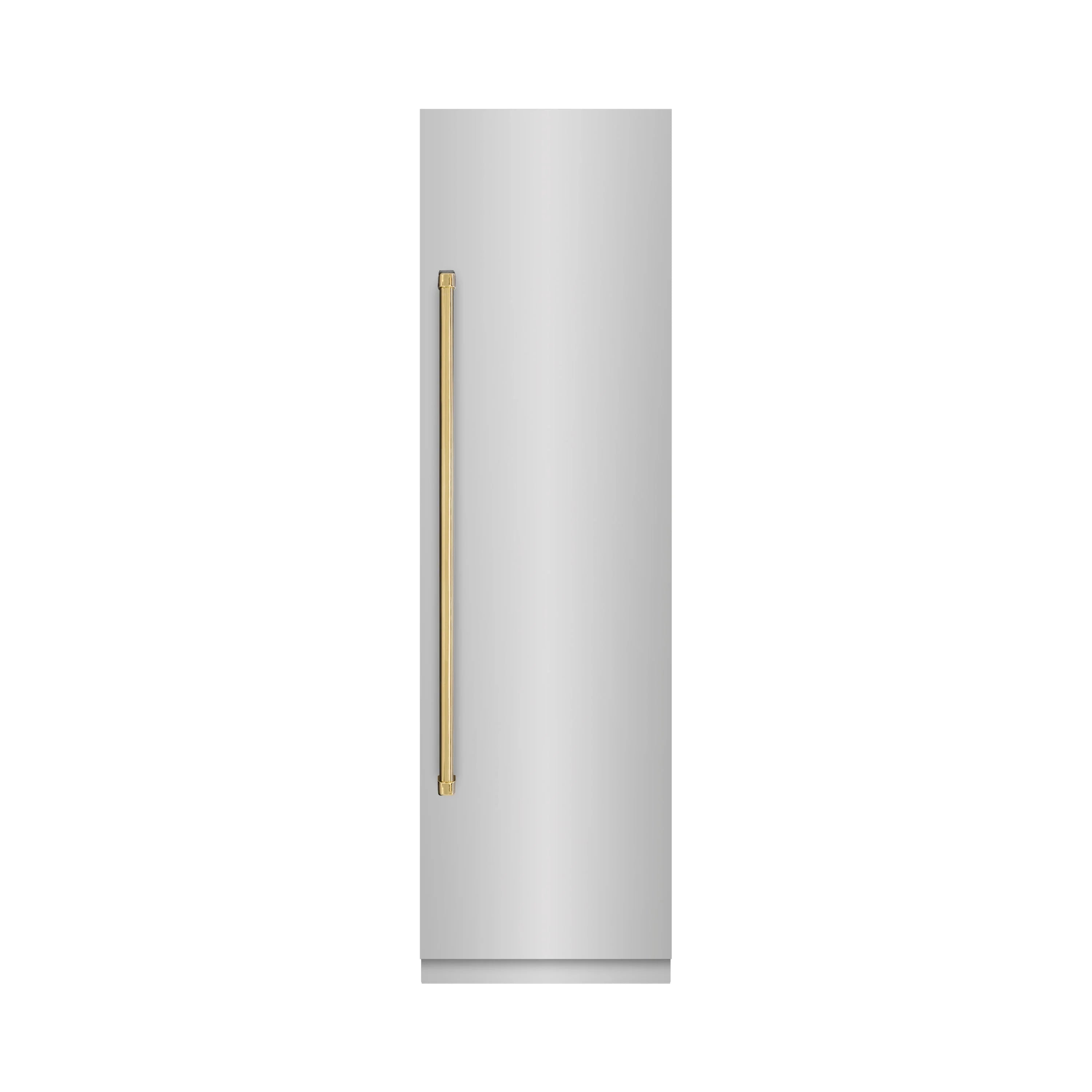 Polished gold refrigerator handle accent on stainless door panel