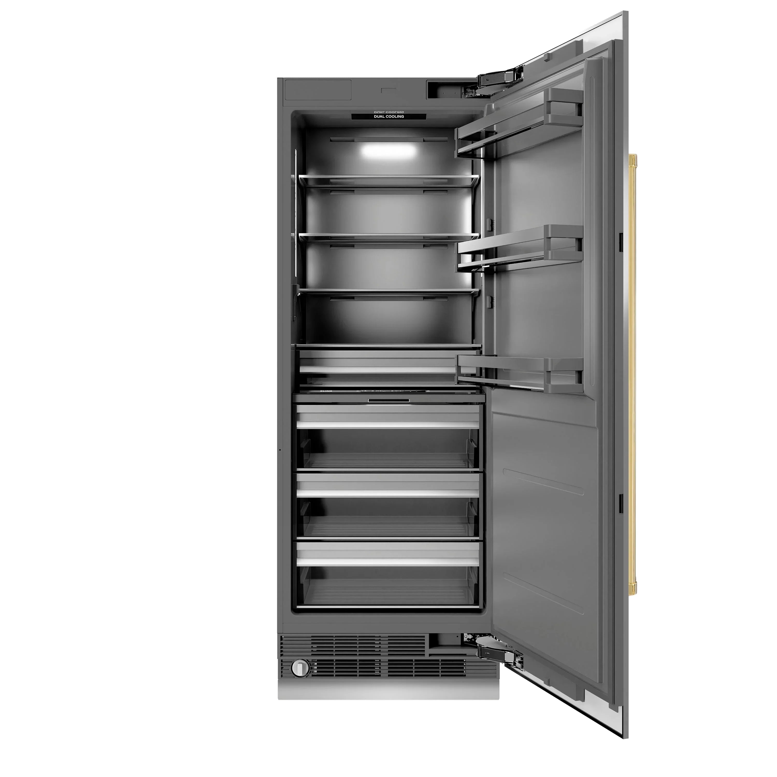 Built-in stainless refrigerator with open freezer door and interior shelves