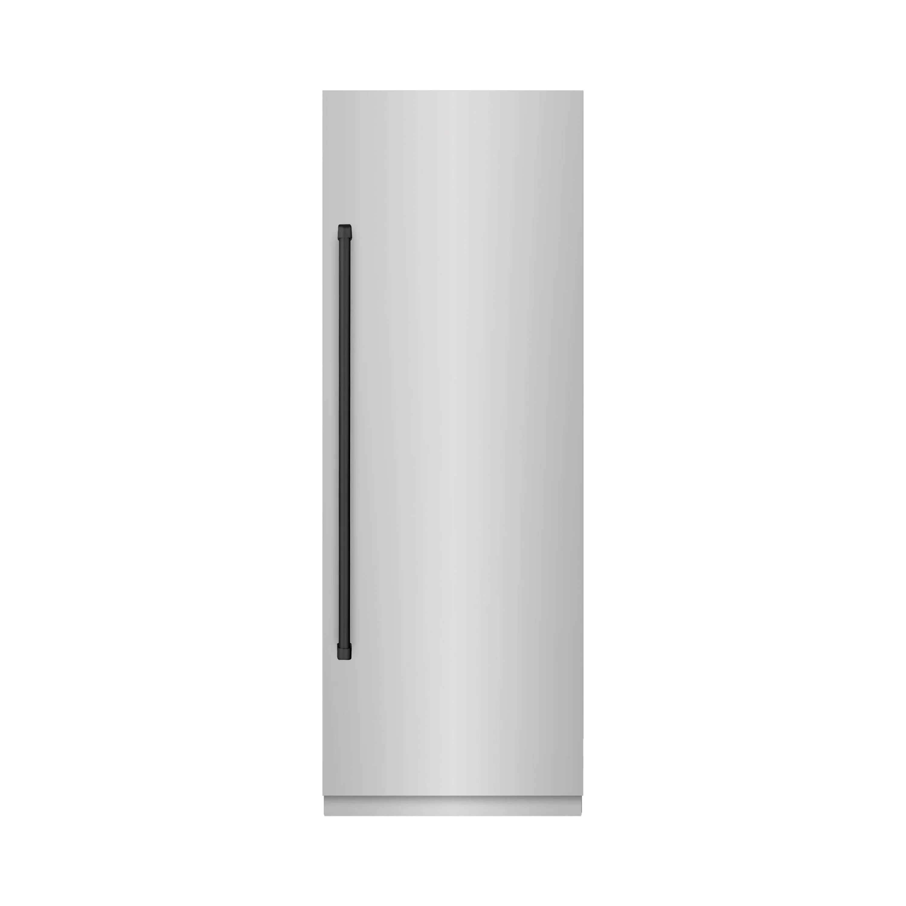 Stainless steel column refrigerator-freezer with integrated vertical black handle