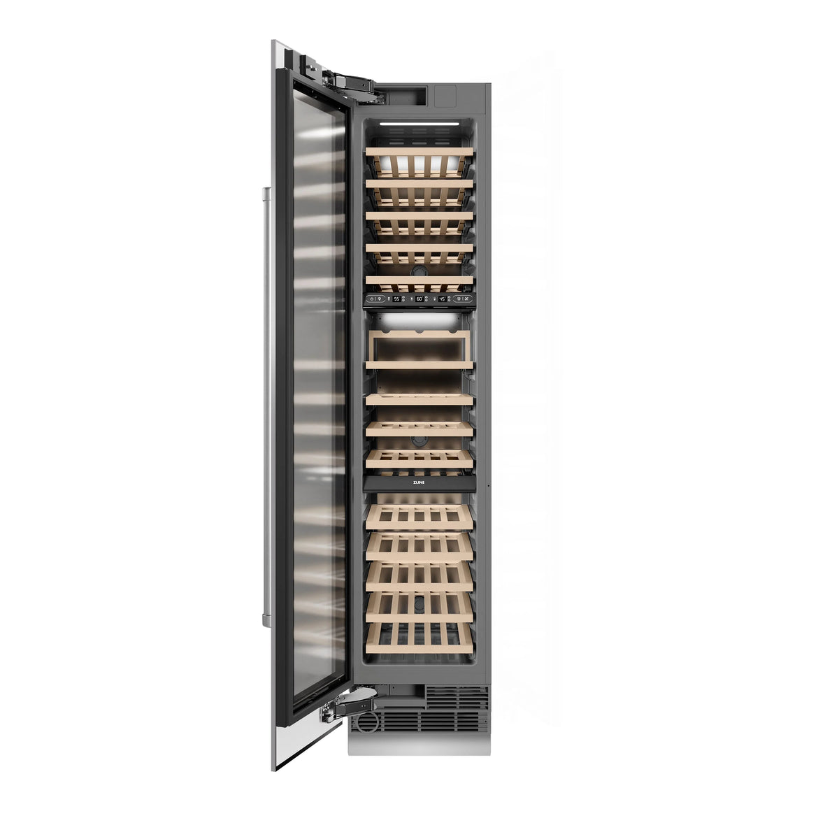 Wine cooler with left-hinged door open, revealing wooden shelves and bottle storage