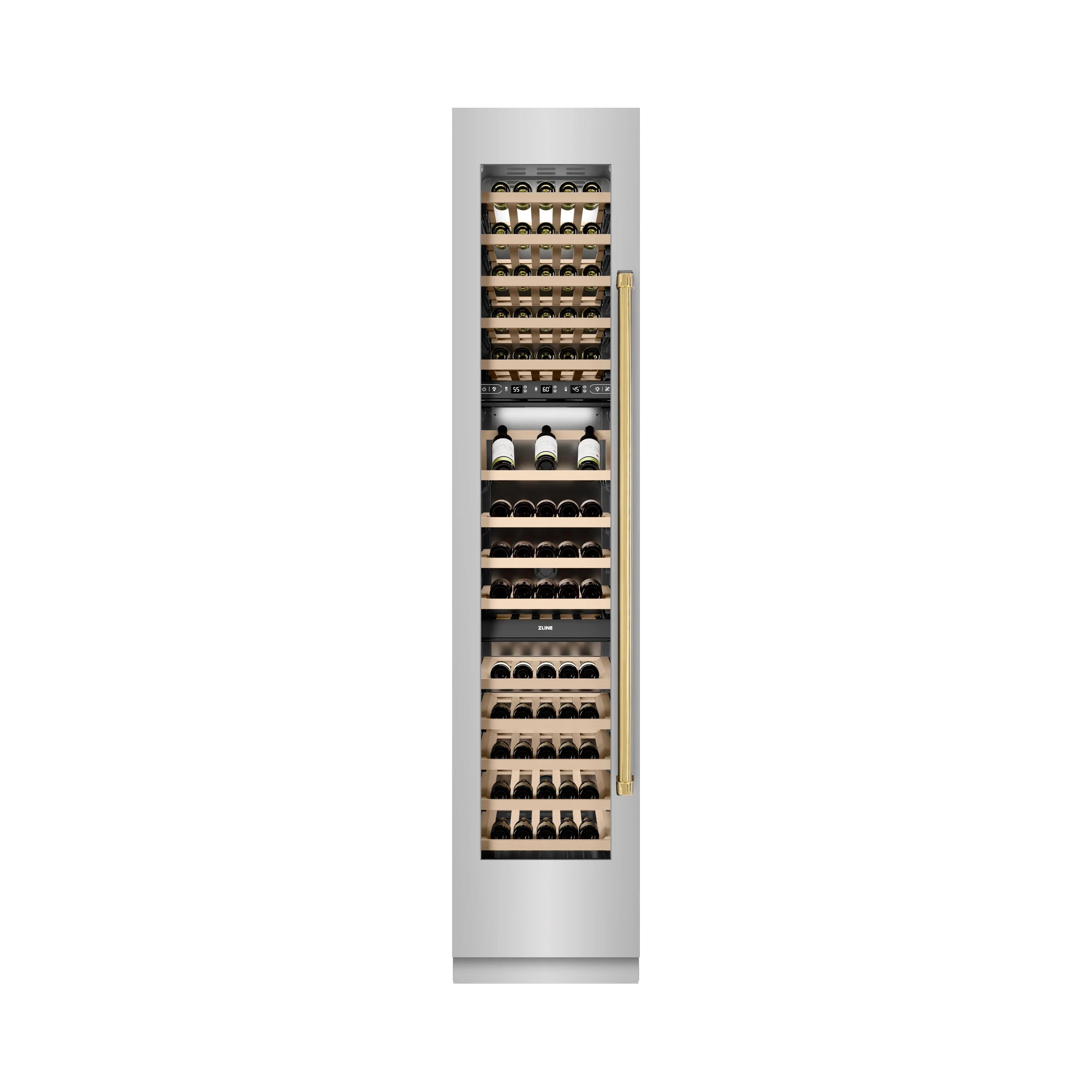 Stainless steel wine cooler with left-hinge door, gold handle, and filled bottle racks