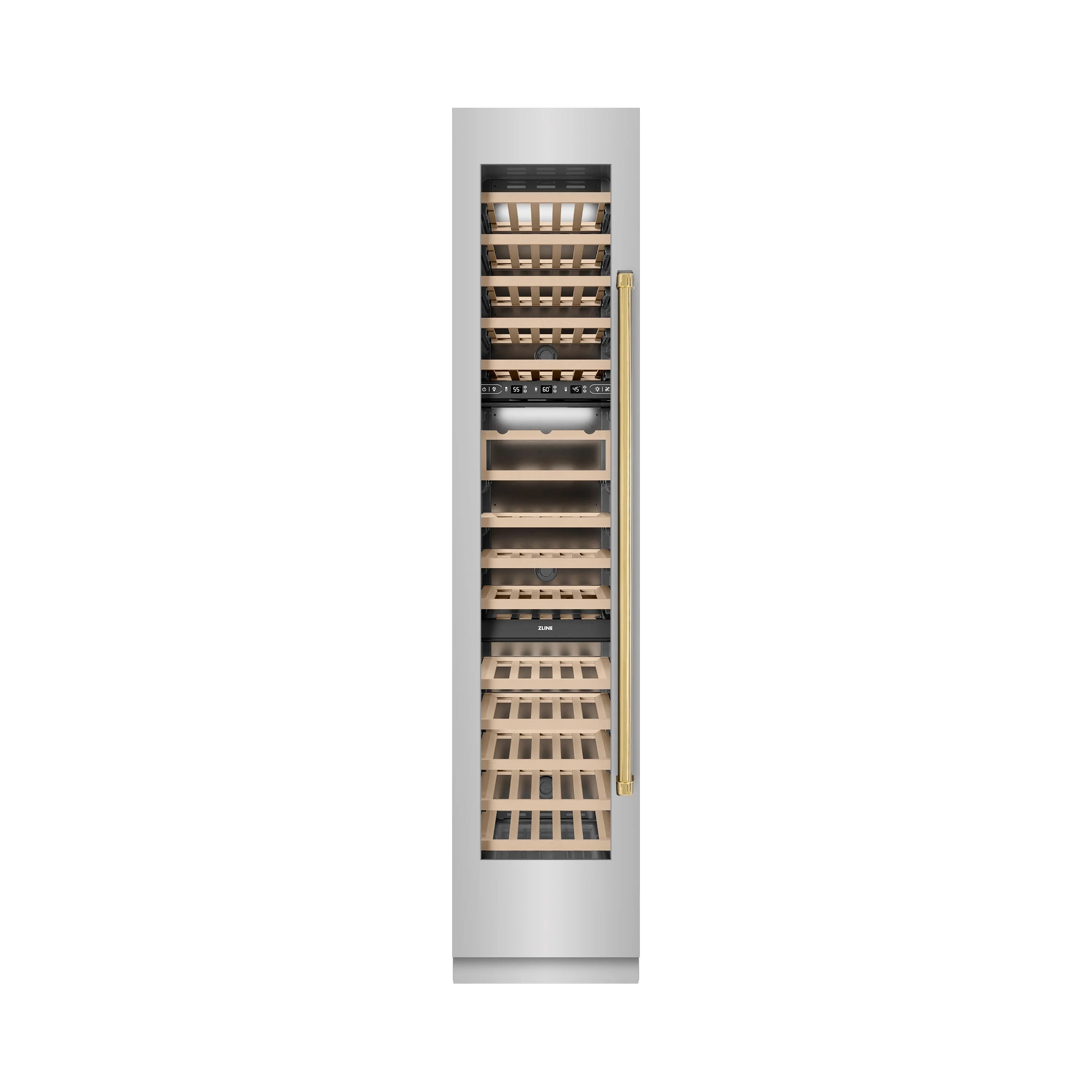 Stainless steel left-hinge wine cooler with open door and gold vertical handle