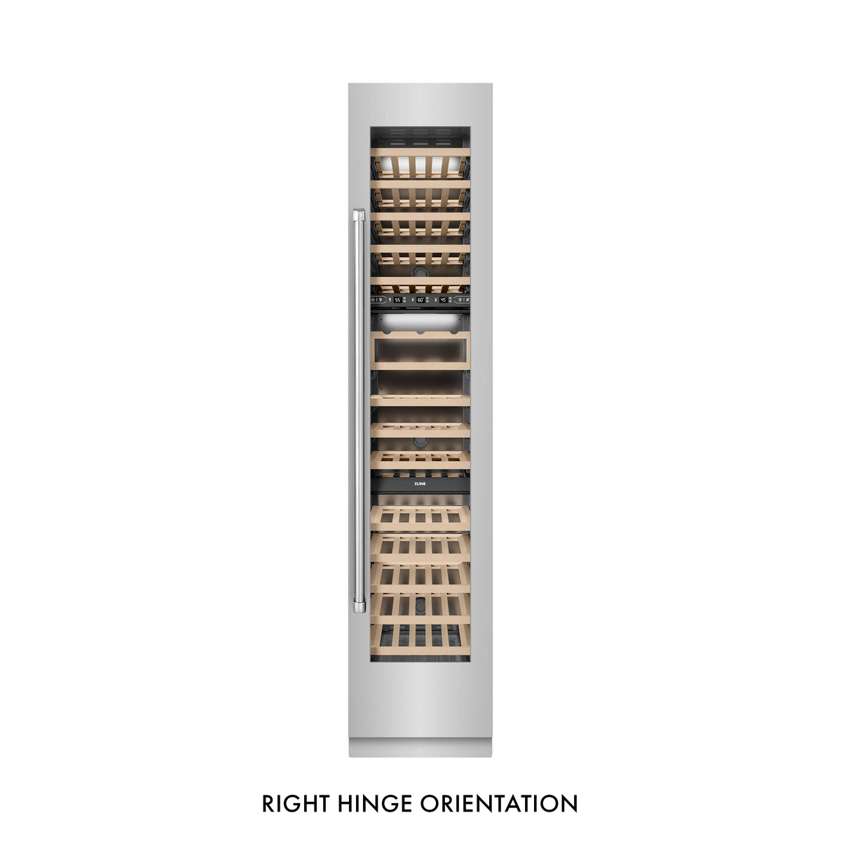 Right-hinge built-in wine cooler with door open and wooden interior bottle shelves