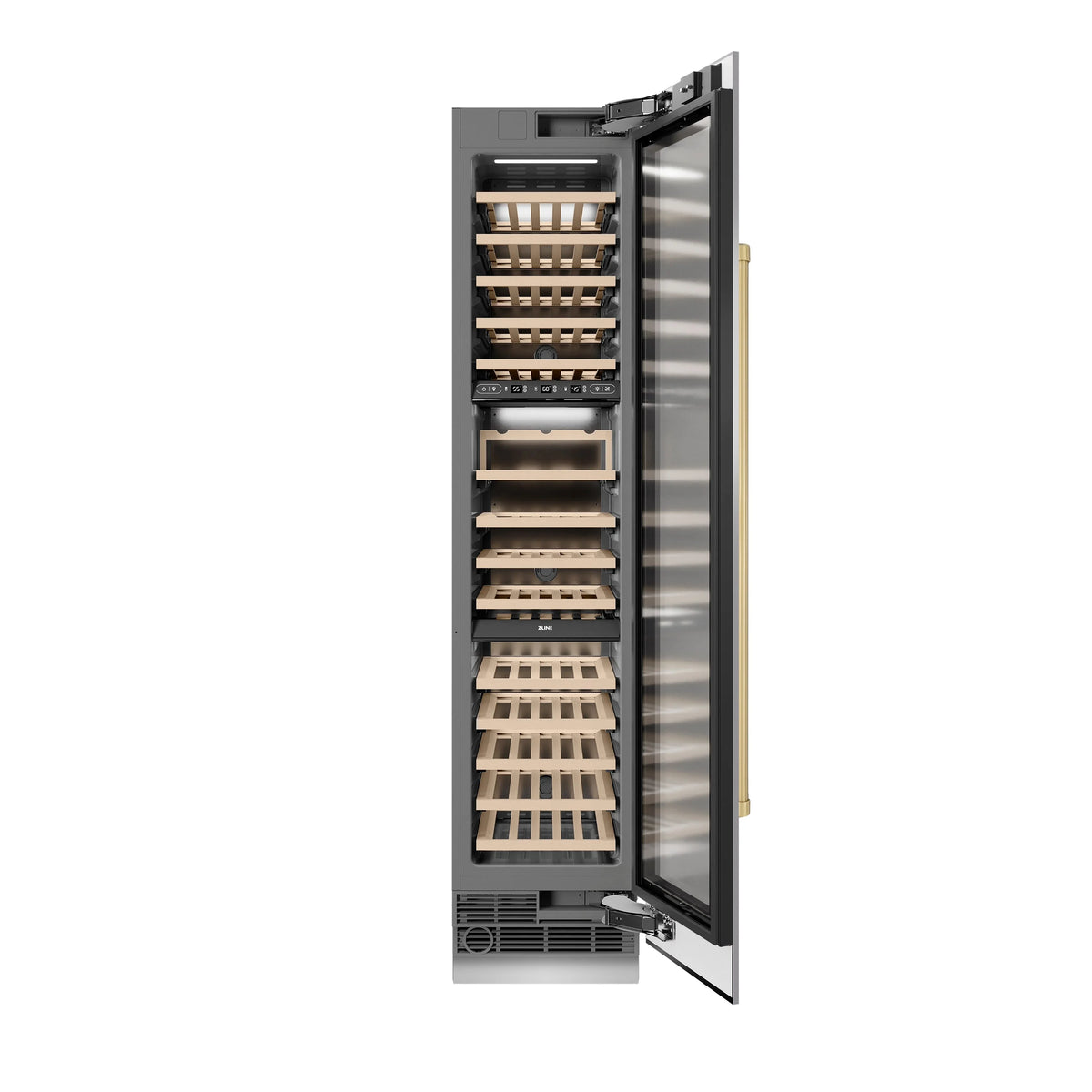 Right-hinged stainless steel wine cooler with wooden racks and open door