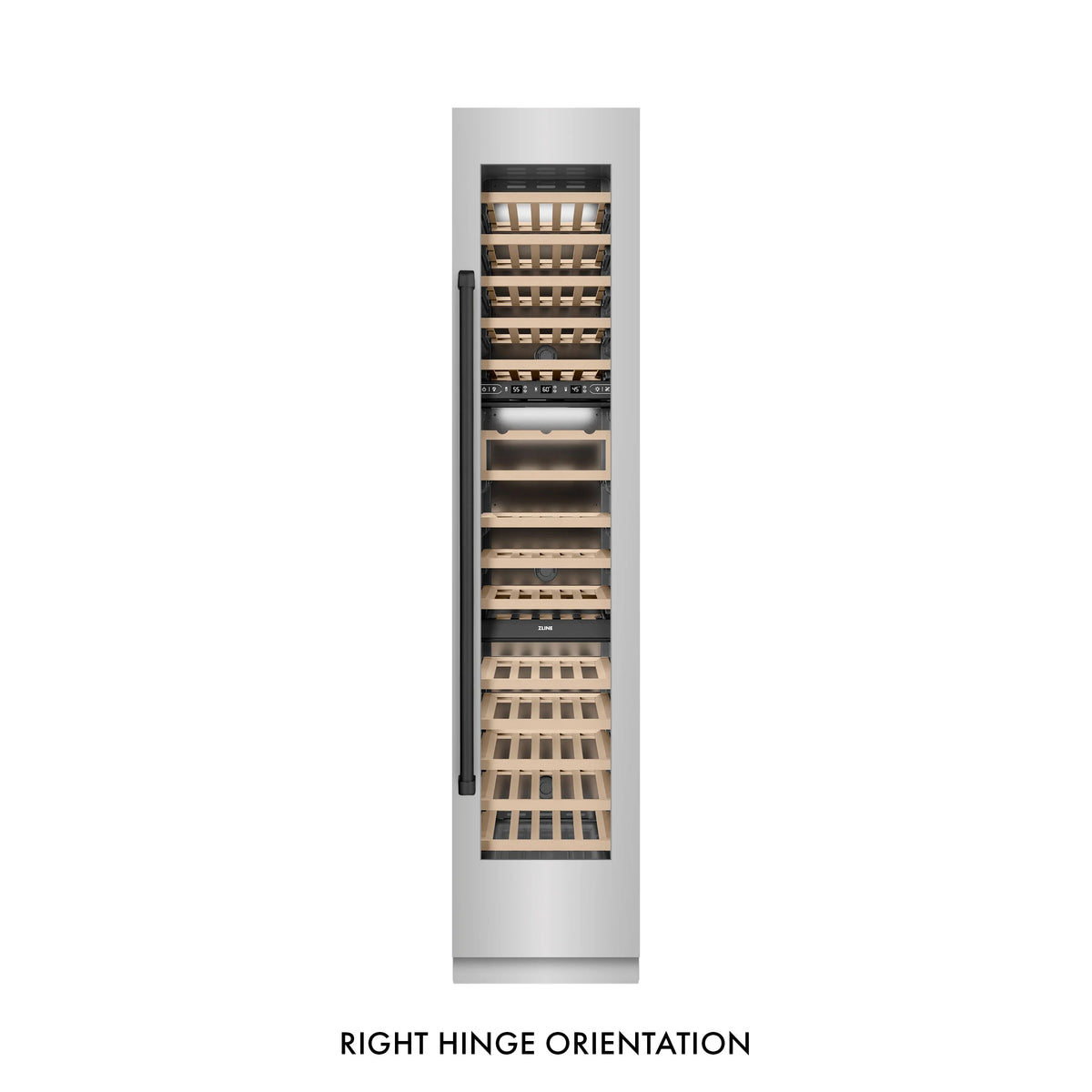 Right-hinge wine cooler with door open, wood racks and storage shelves inside