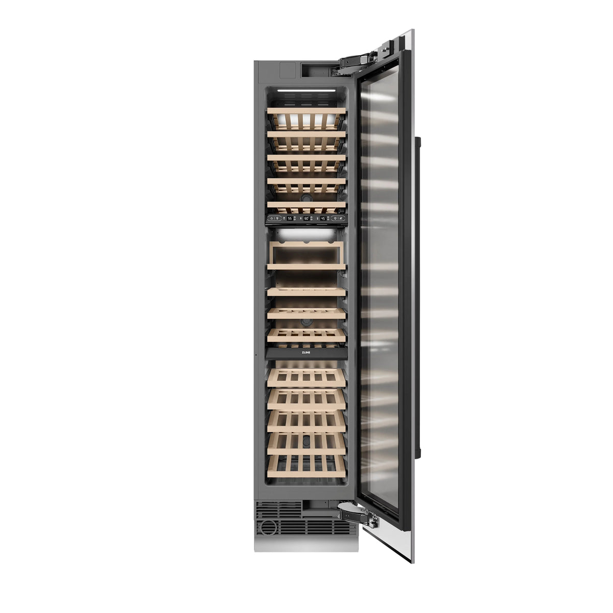 Wine cooler with door open, interior wood racks visible, stainless frame and bottom hinge hardware