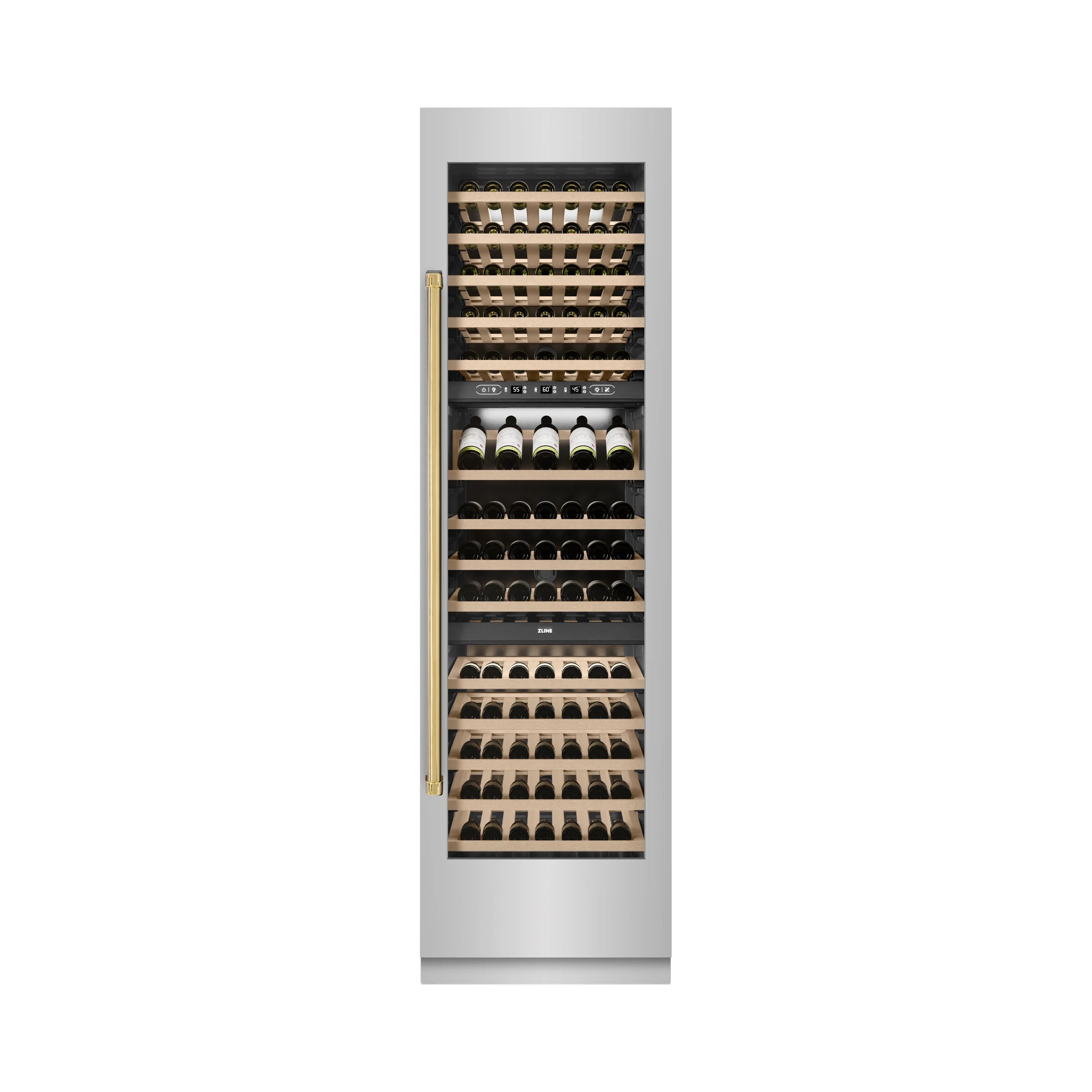 Wine cooler interior view with multiple bottle shelves and corked bottles arranged vertically.