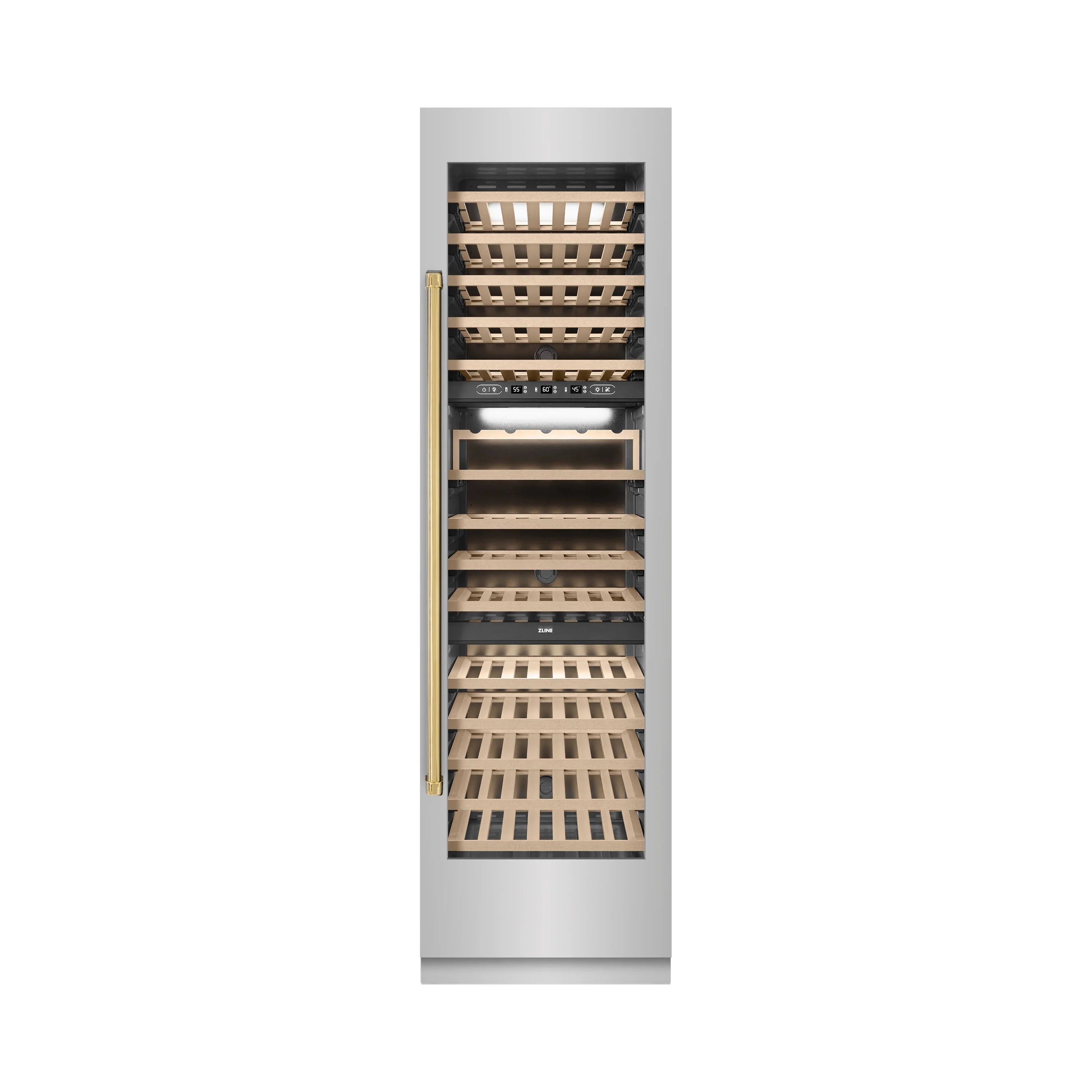 Tall wine cooler with shelves and corked bottles visible through the open front.