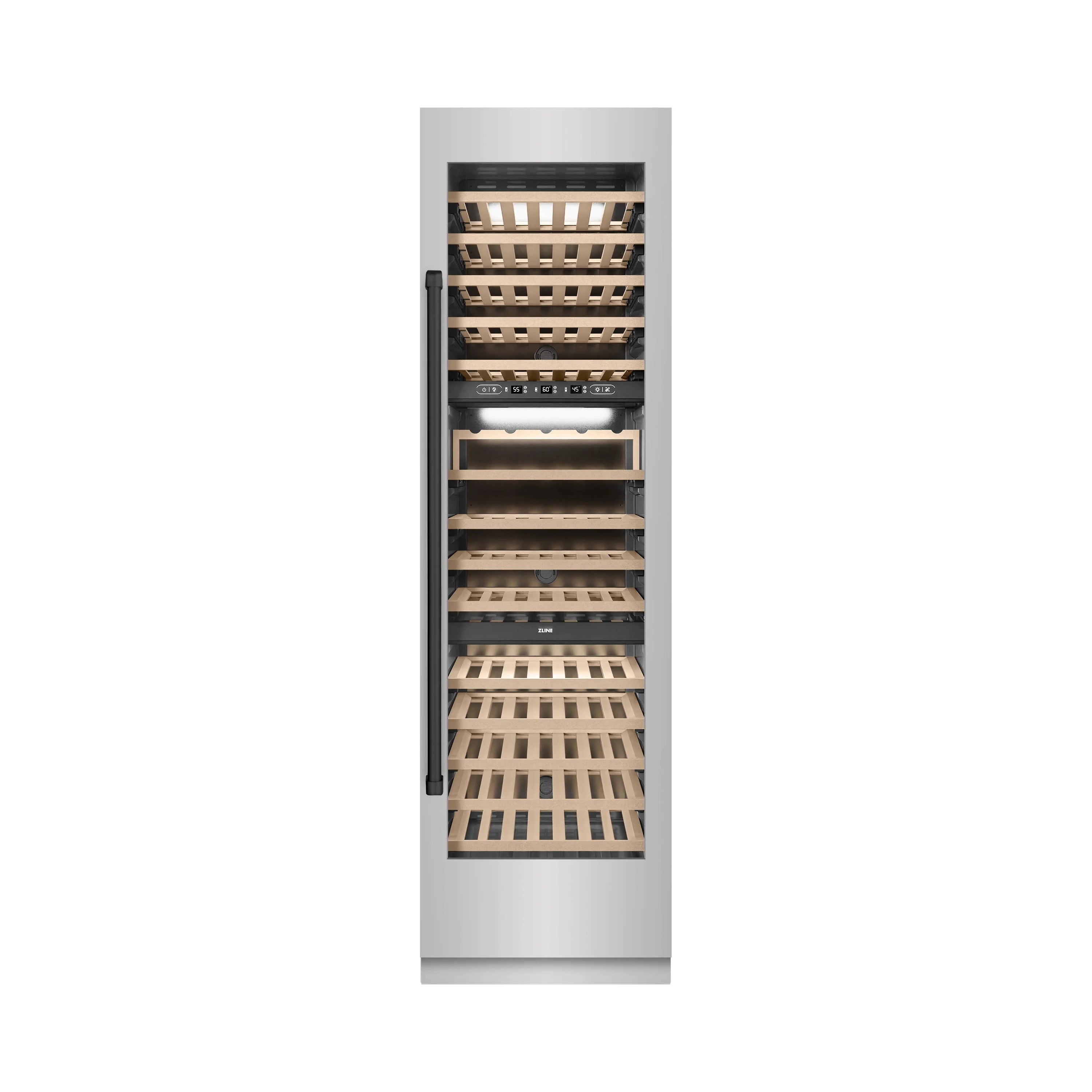 Built-in wine cooler with stainless exterior, door open, empty wooden racks