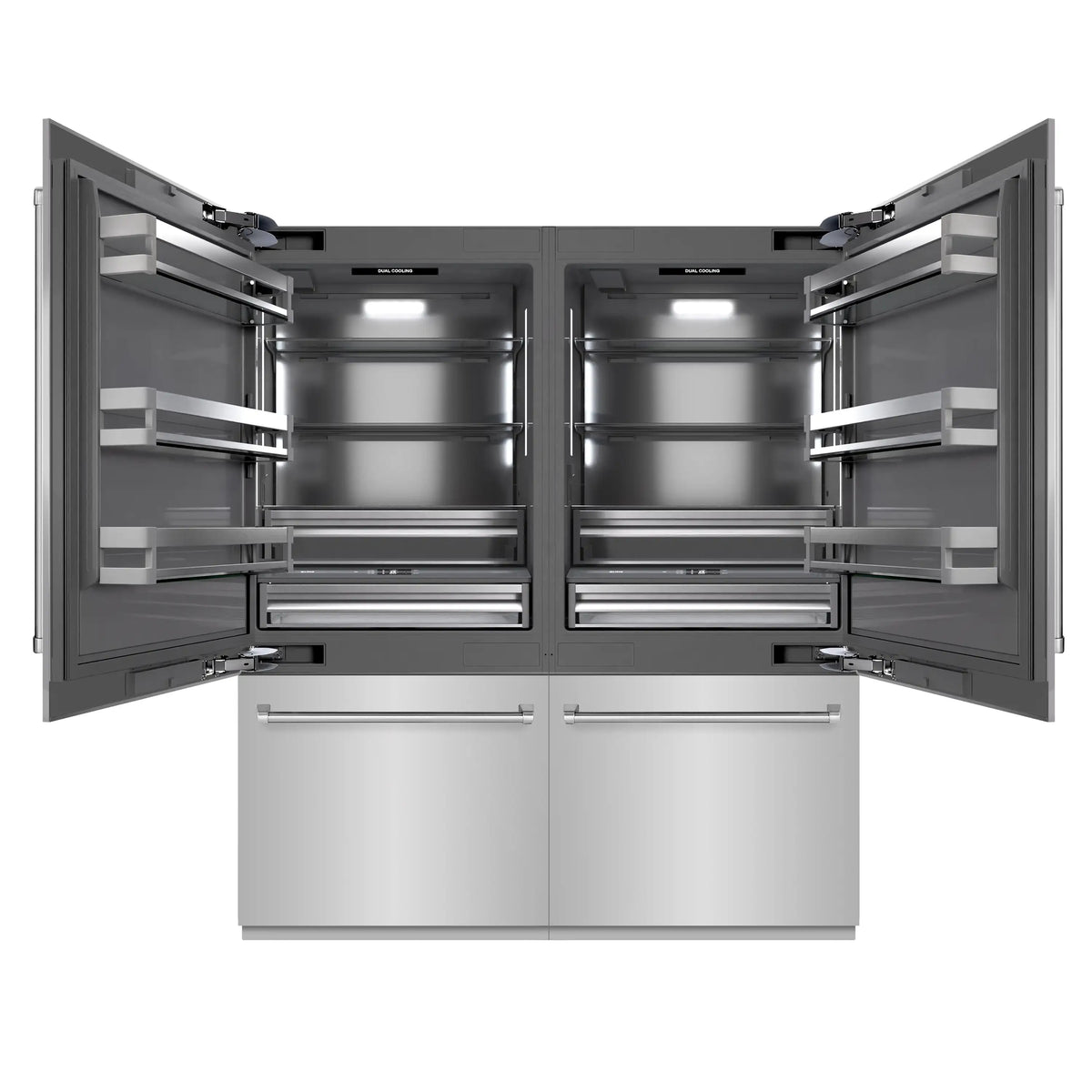 French door refrigerator with open bottom freezer and illuminated interior shelves