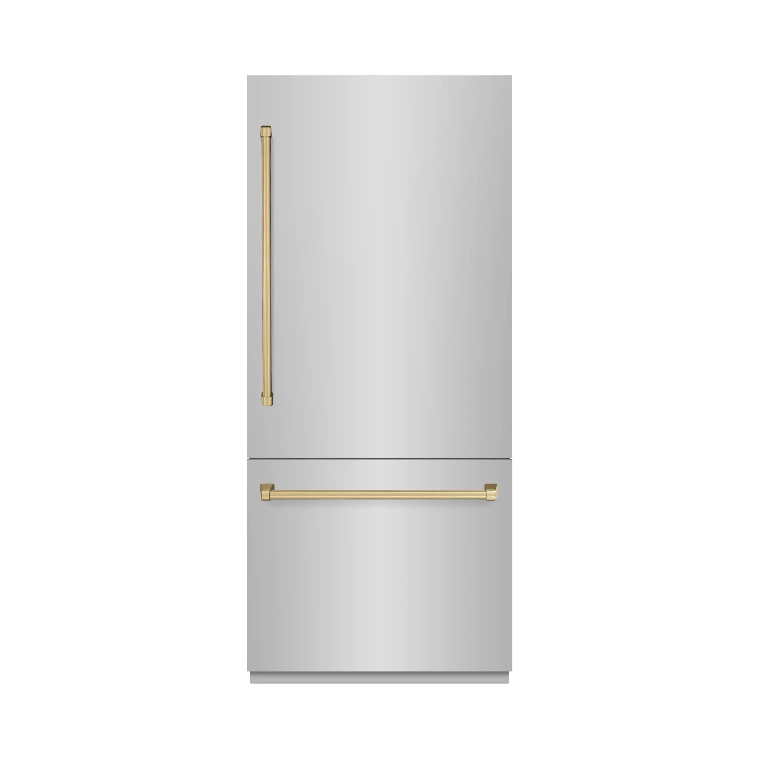 Bottom-freezer refrigerator with champagne bronze bar handles on light gray front