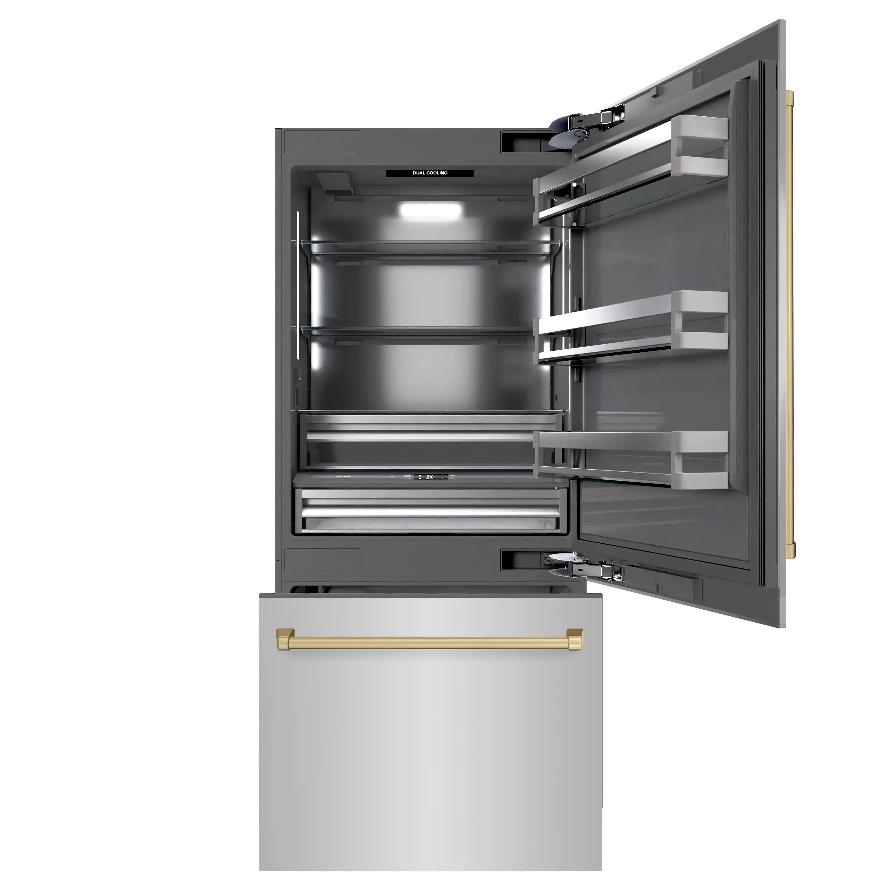 Built-in bottom-freezer refrigerator with both doors open, showing wire shelves