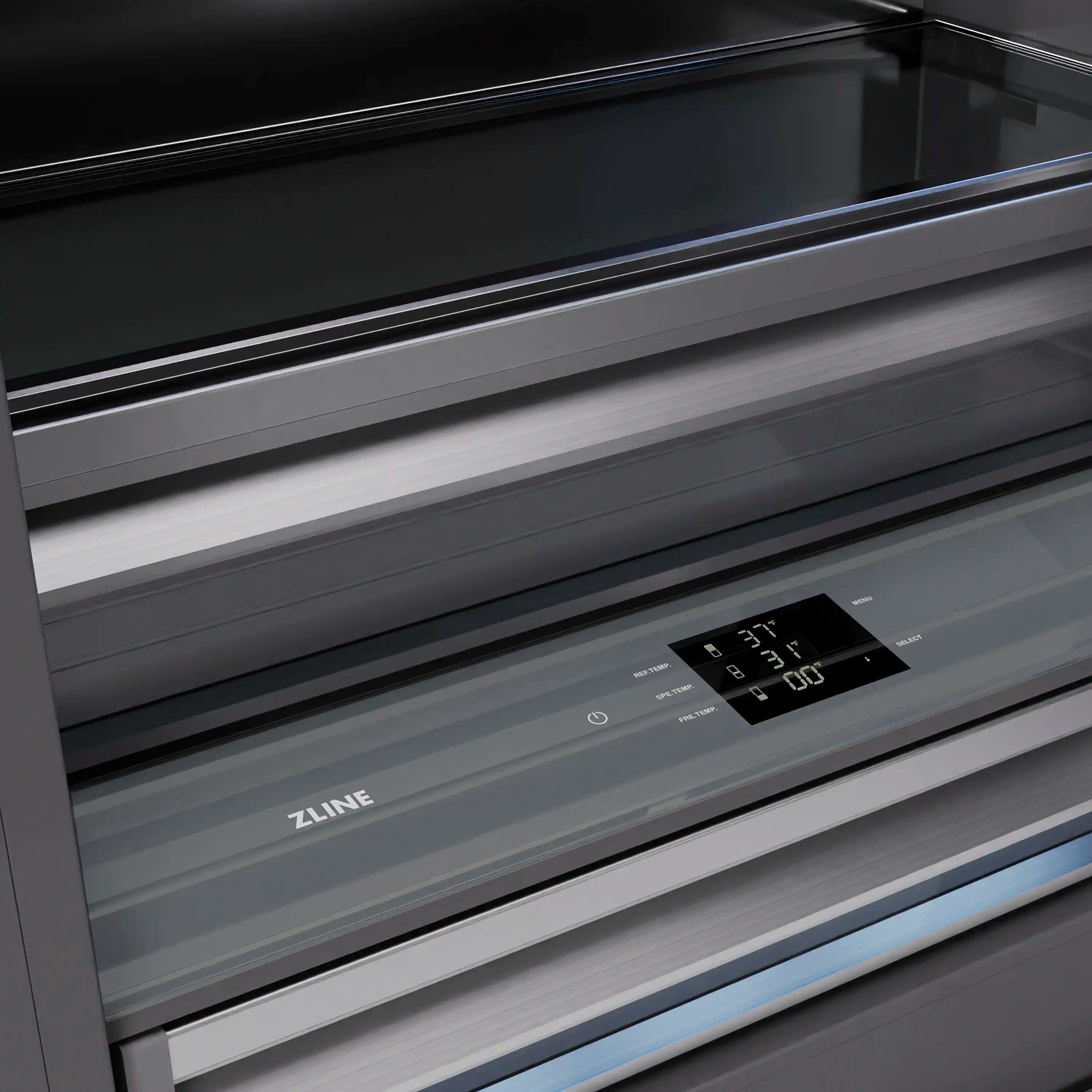 Stainless bottom-freezer refrigerator control panel with digital display and gold trim