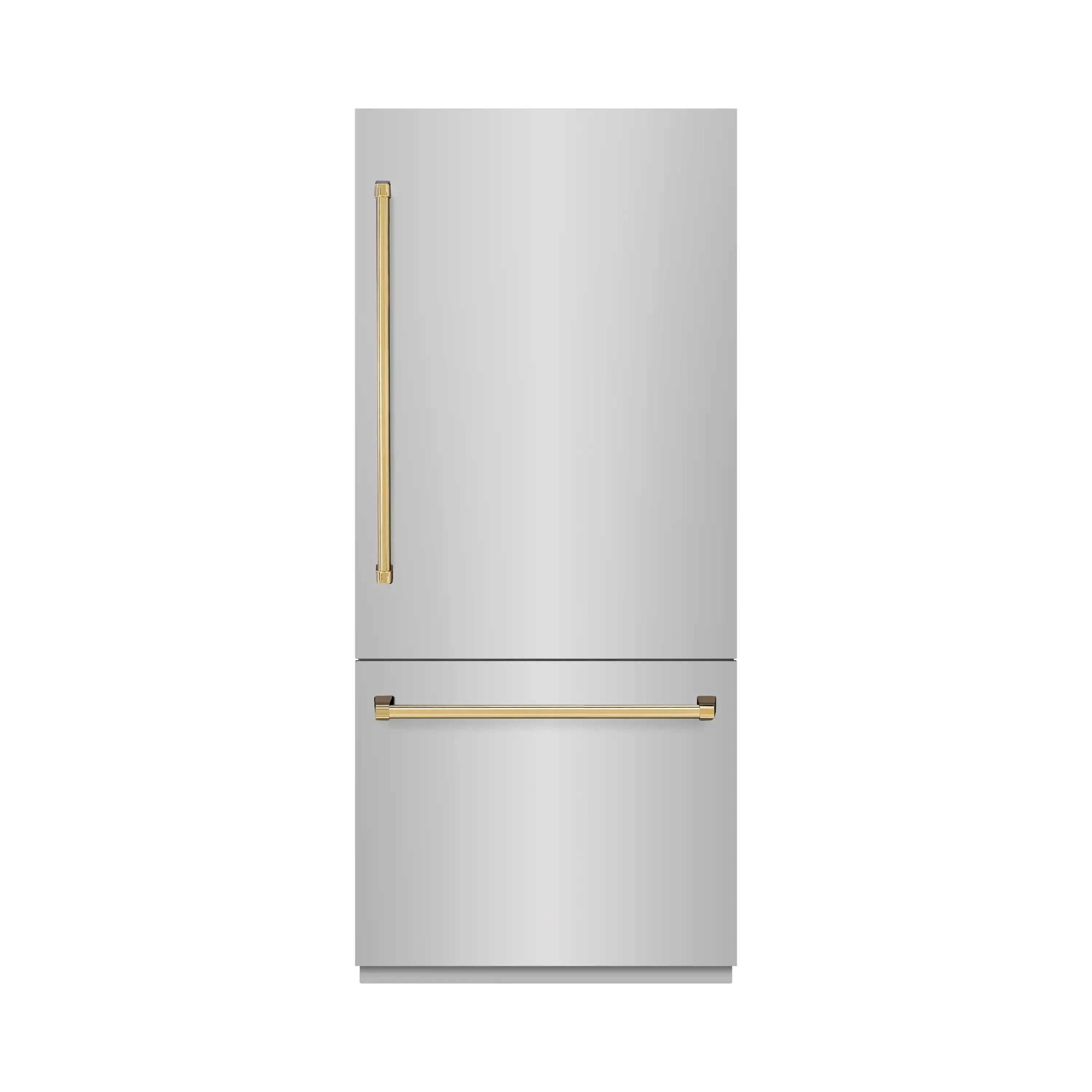 Stainless steel bottom freezer refrigerator with polished gold handles