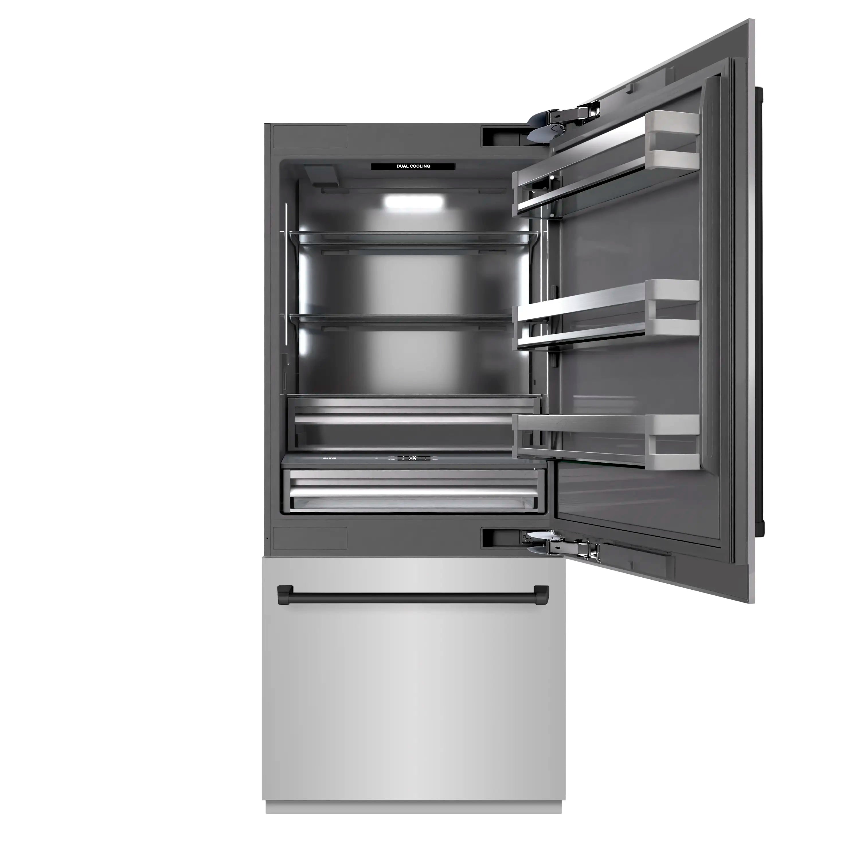 Refrigerator door open showing gray interior shelves, rails, and drawers