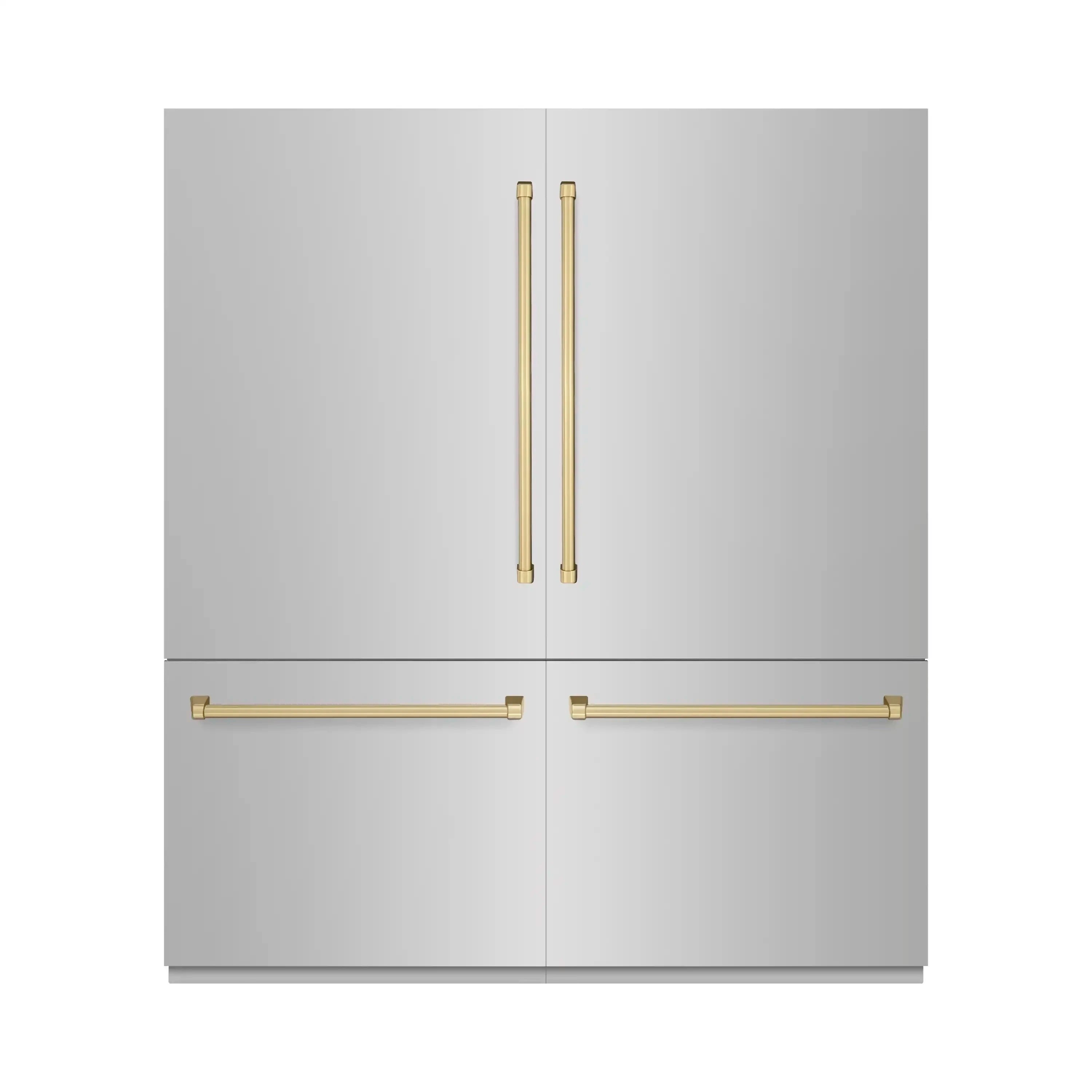 French door refrigerator exterior front with champagne bronze accent handles on stainless doors