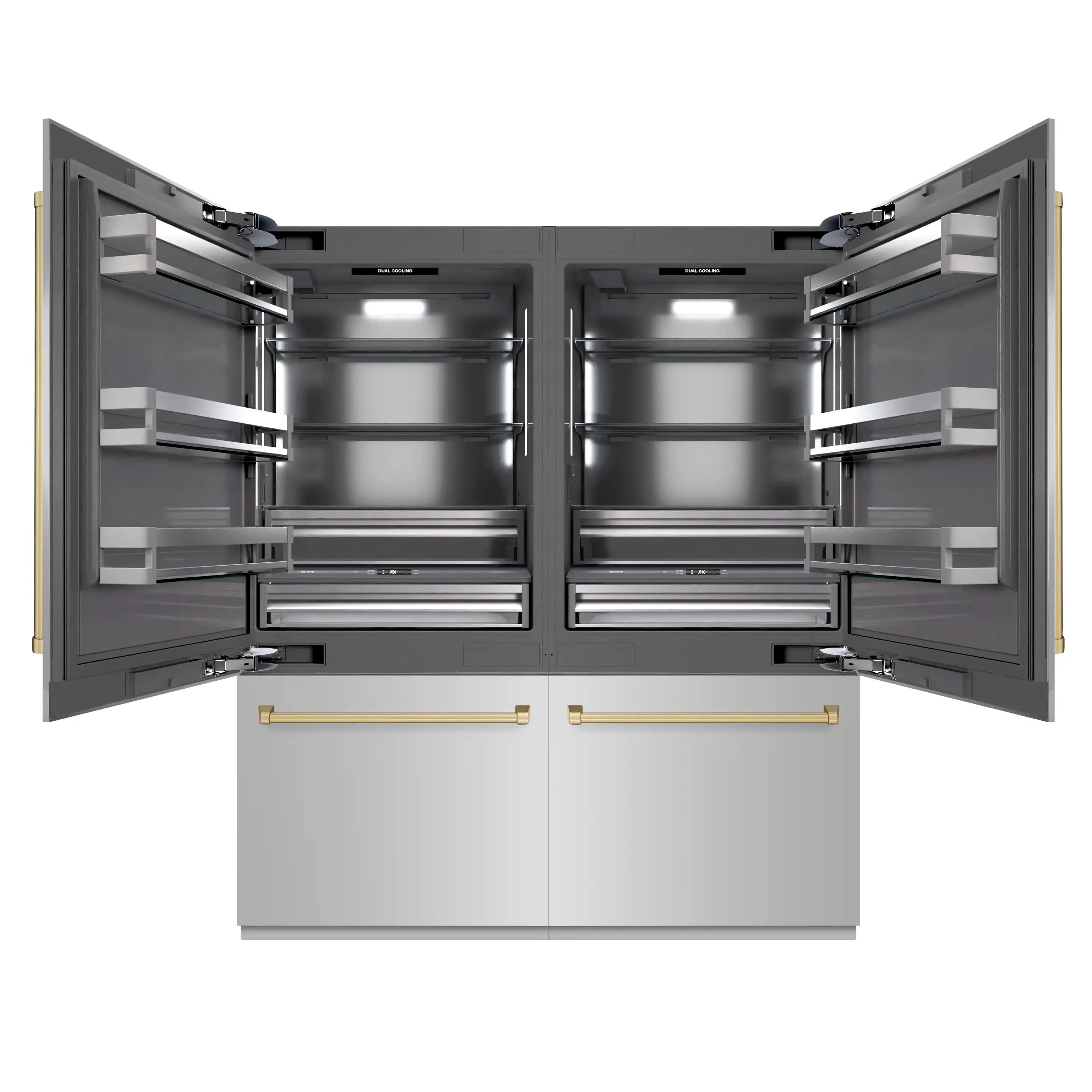 French door refrigerator open view showing shelves, bins, and stainless interior lighting