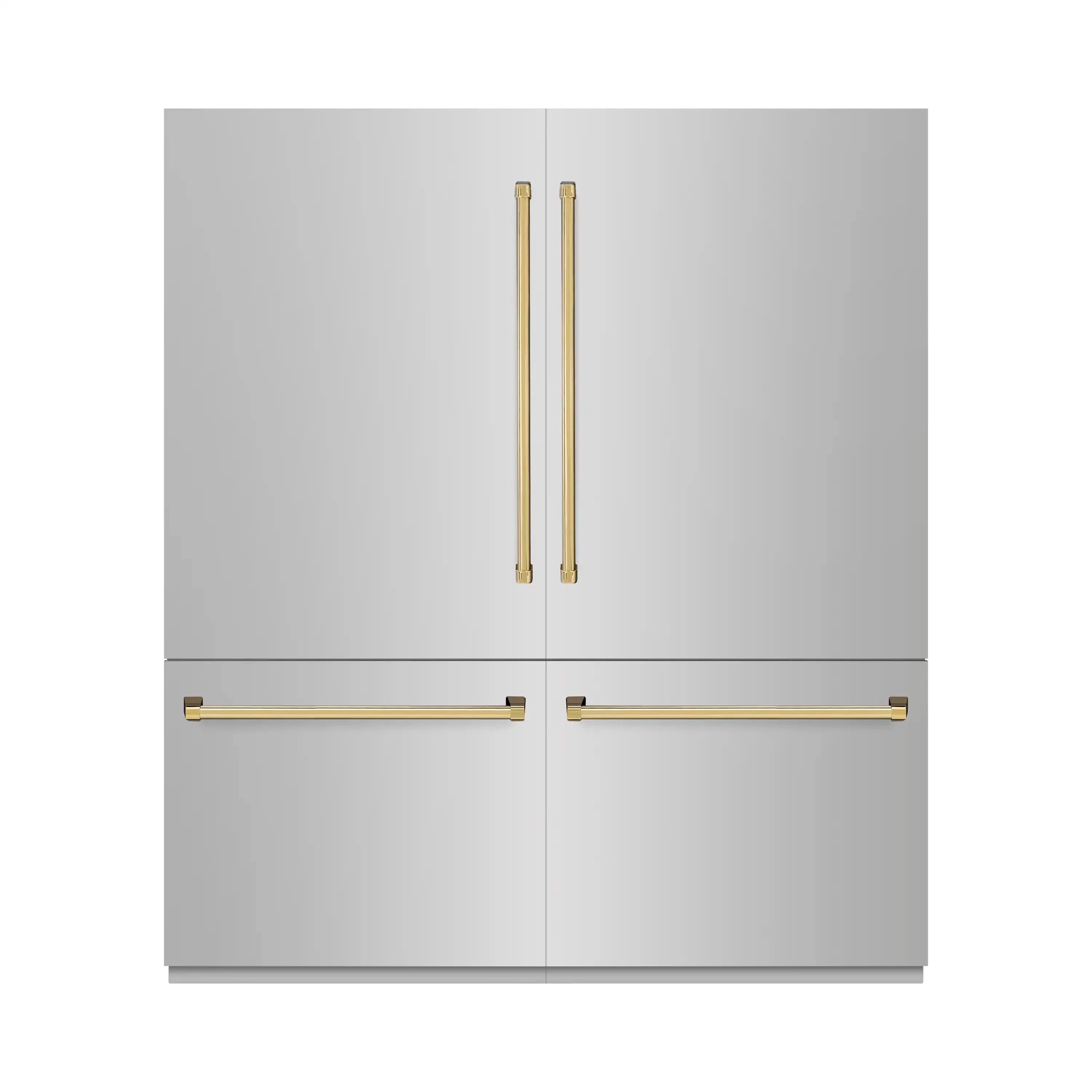 French-door refrigerator in gray with two gold handles