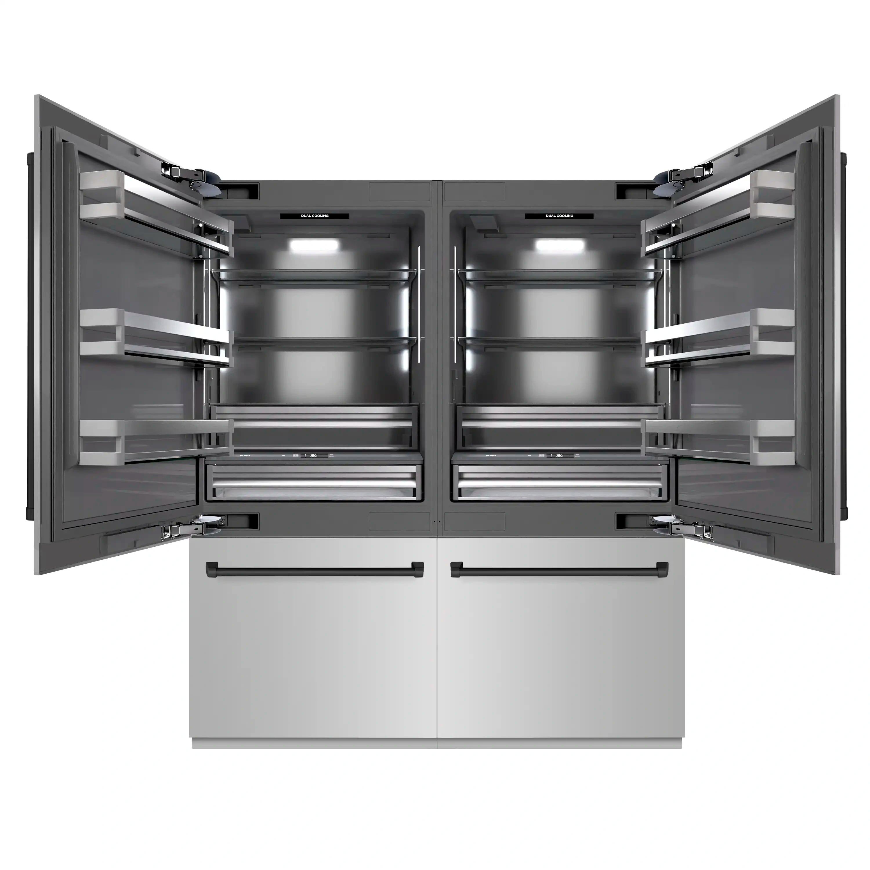 French door refrigerator open, gray interior with shelves and freezer drawers