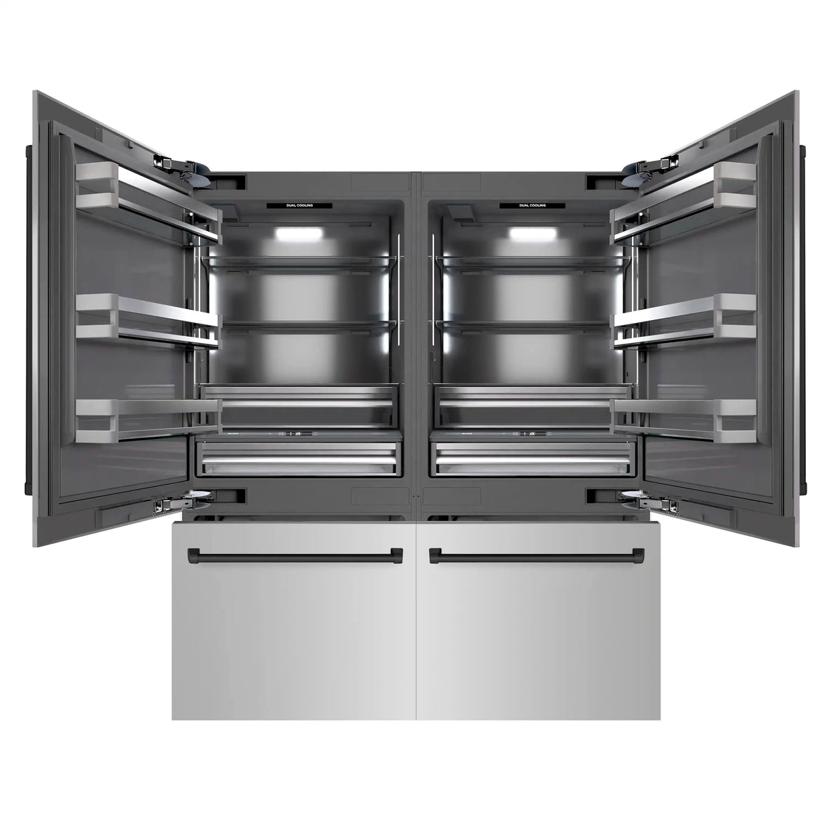 Refrigerator interior with open French doors, shelves, and bright interior lights