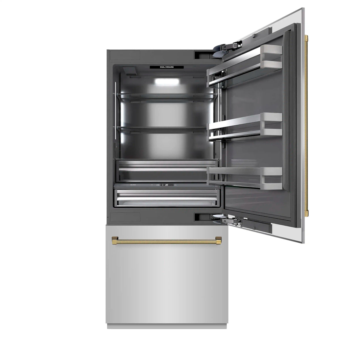 Built-in refrigerator door open, gray interior shelves and drawers visible