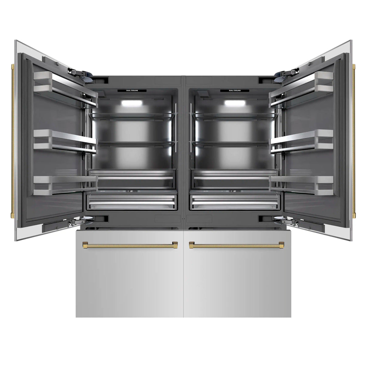 Built-in refrigerator doors open with divided gray interior and multiple shelves