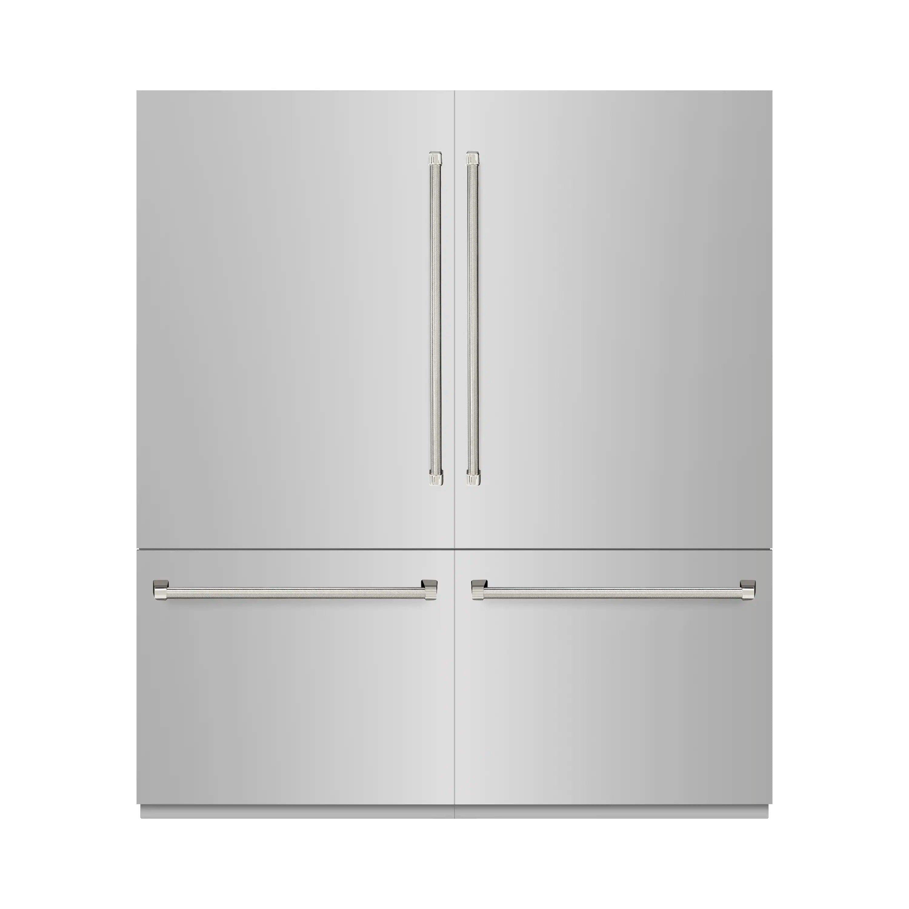 Built-in refrigerator doors with polished nickel helix handles and gray exterior finish