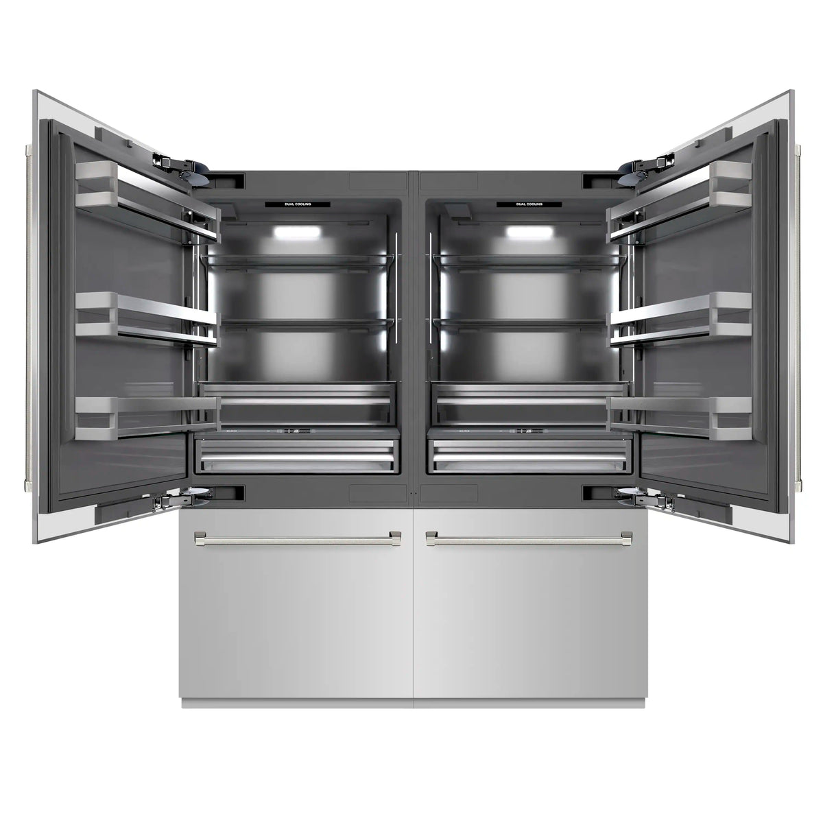 Built-in refrigerator with open doors, gray interior shelves, and polished nickel handle bars