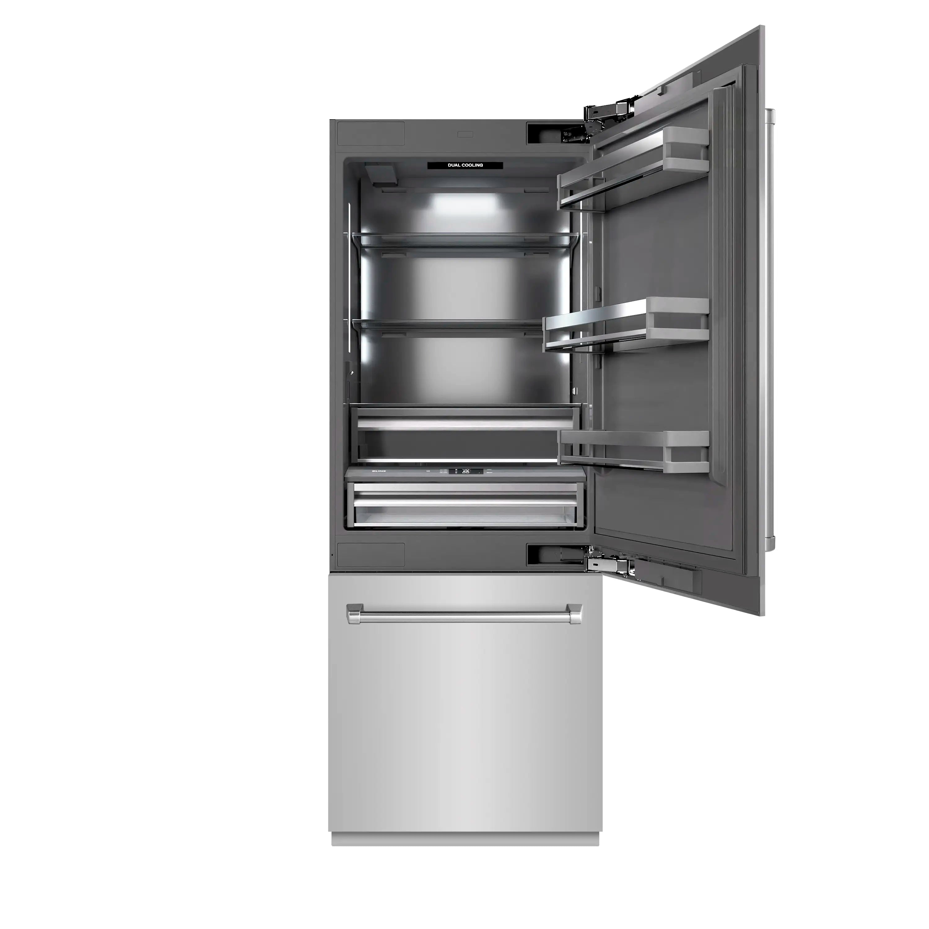 Bottom freezer refrigerator with open doors and interior shelves in stainless.