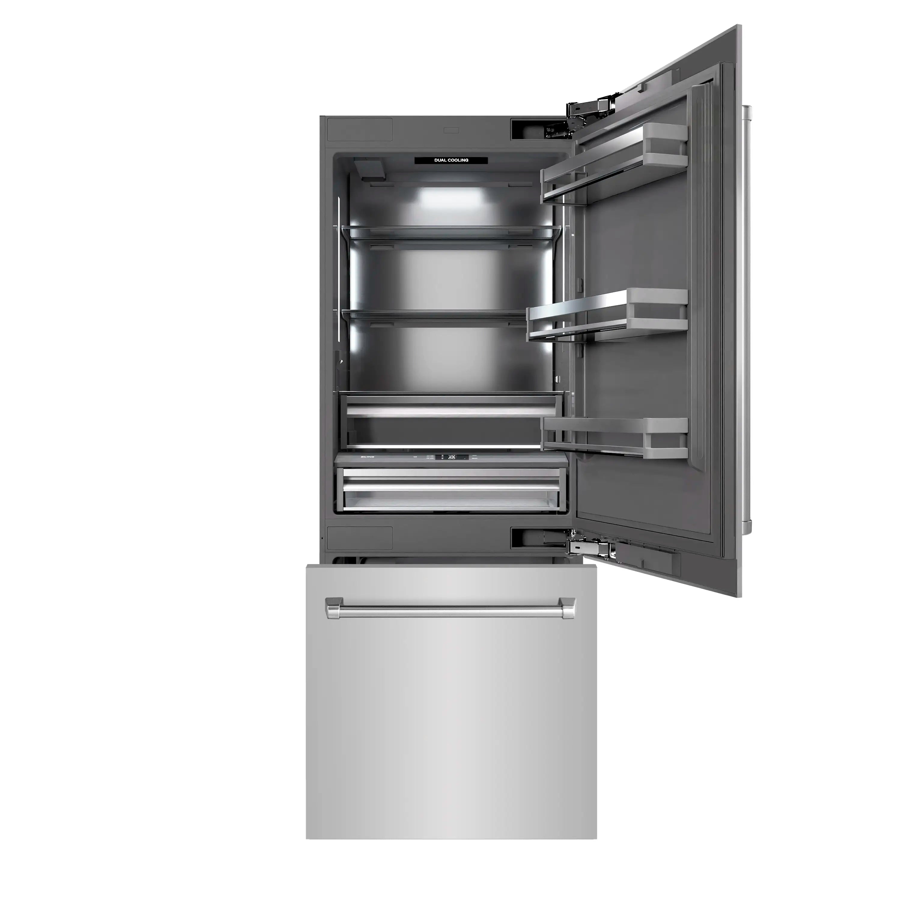 Bottom freezer refrigerator interior view with shelving and lower freezer drawer.