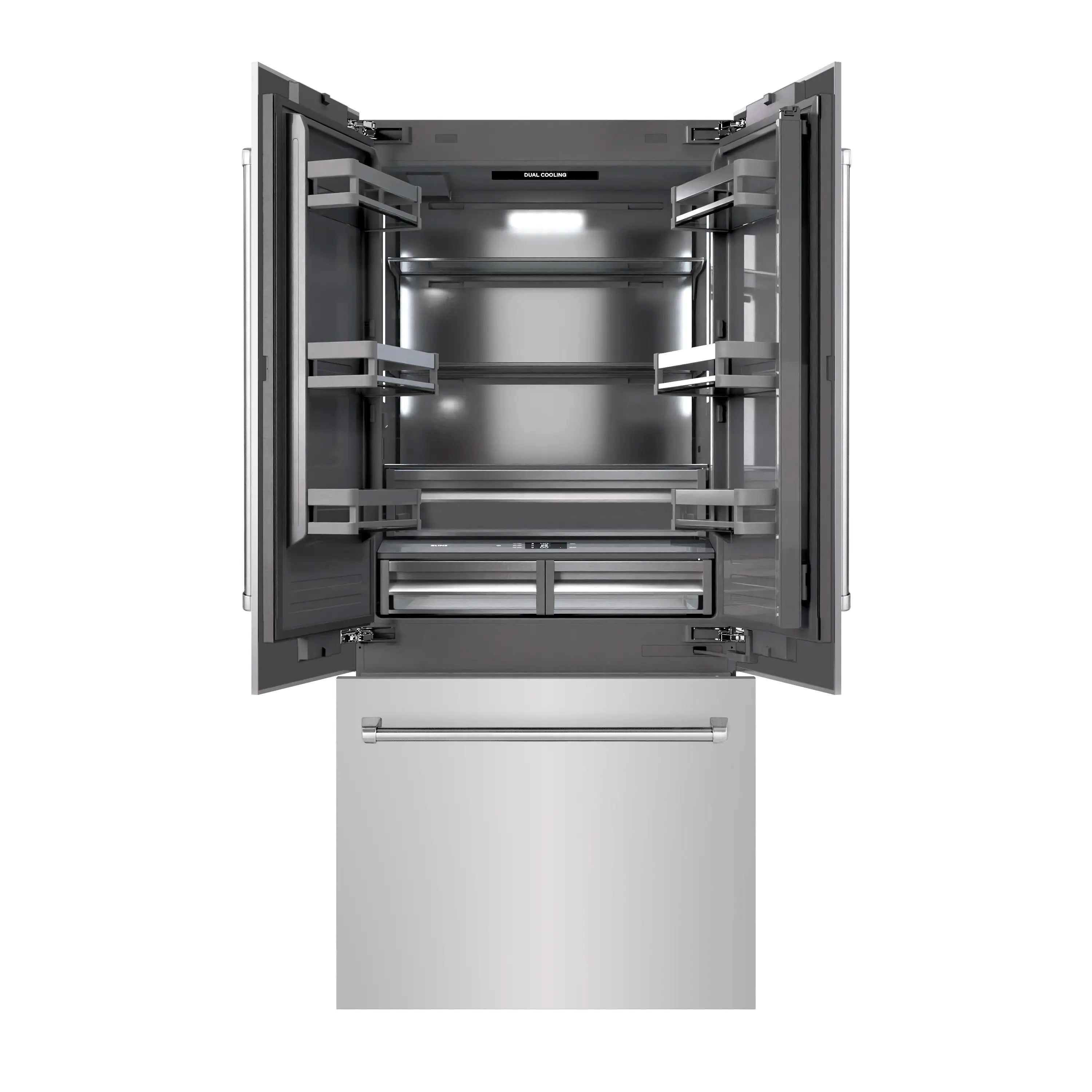 Front view of stainless steel refrigerator with French doors open to interior storage