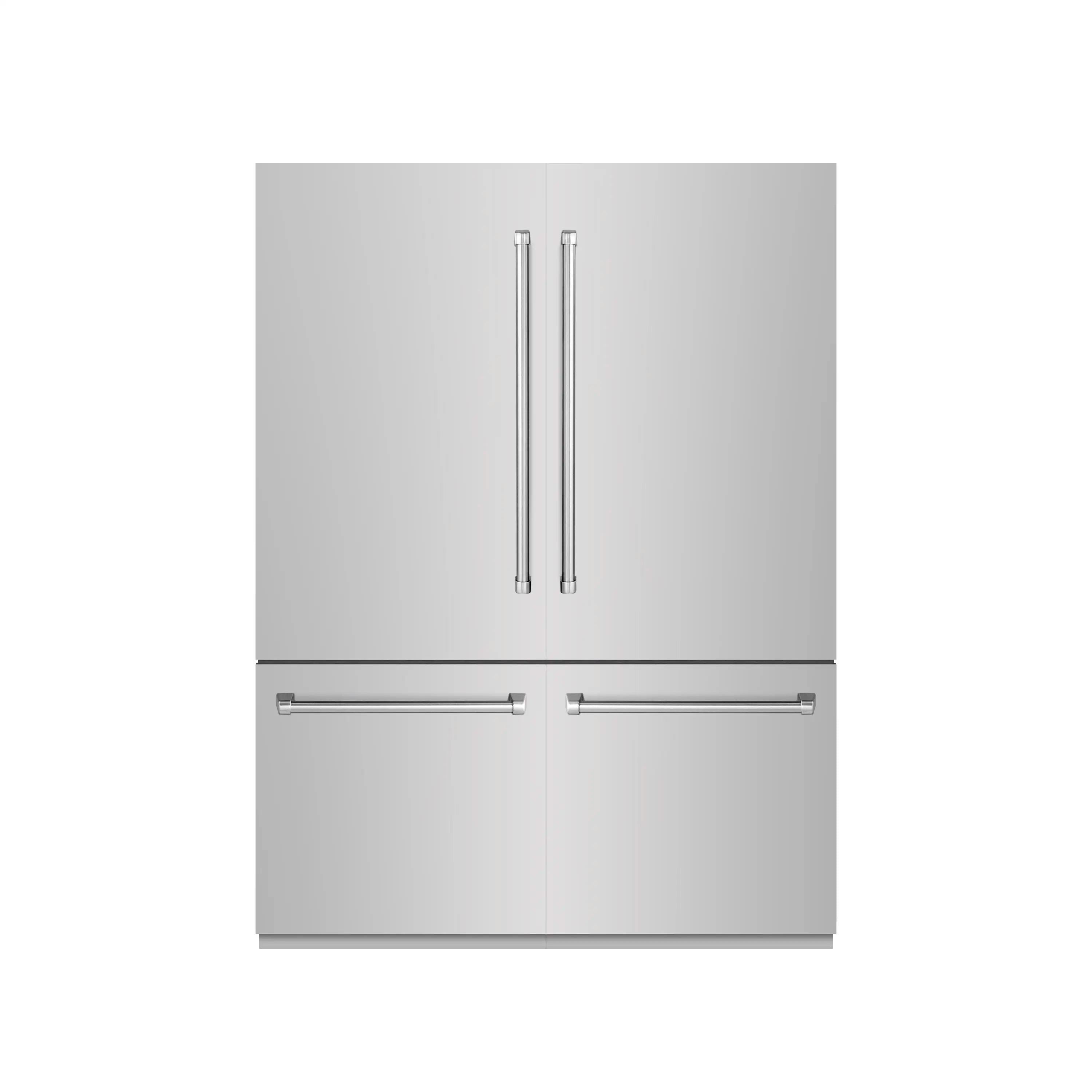 Bottom freezer section with two stainless doors and horizontal bar handles