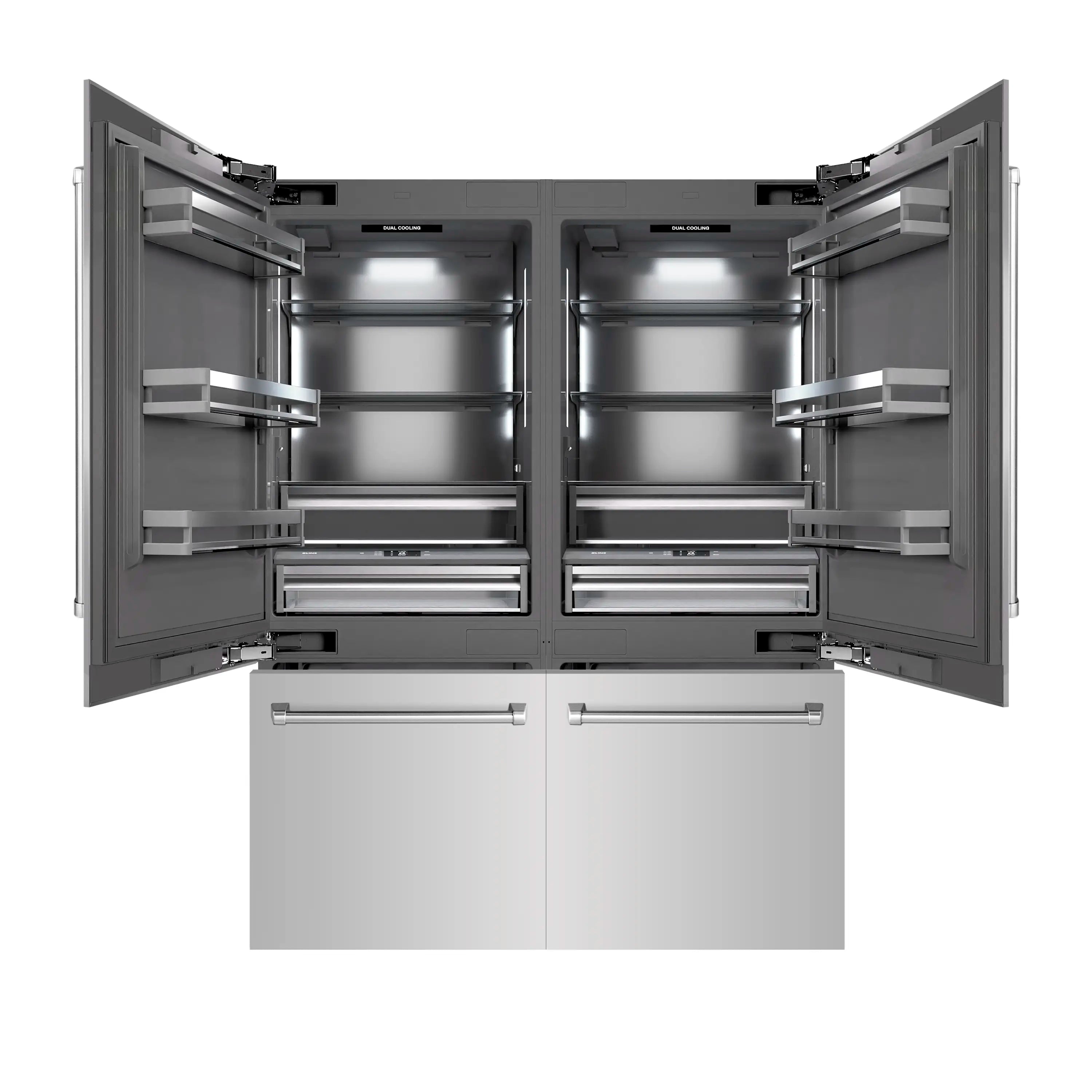 French door refrigerator interior with adjustable shelves and glass-door compartments