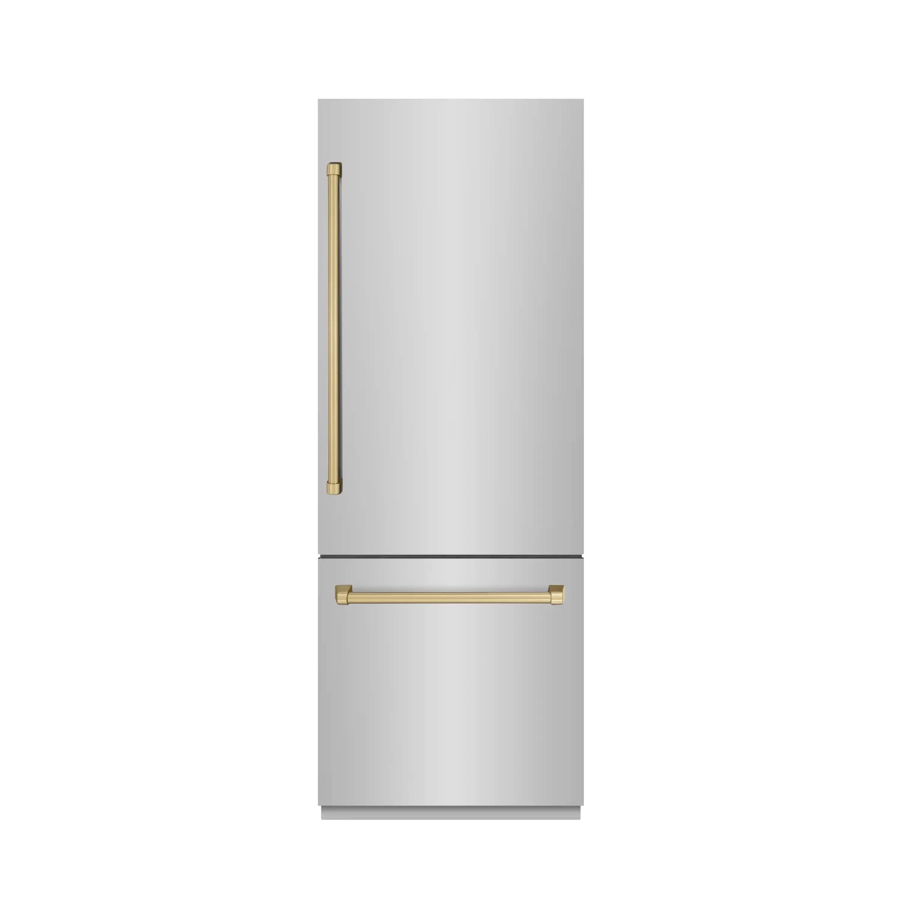 Built-in bottom freezer refrigerator exterior with champagne bronze handles
