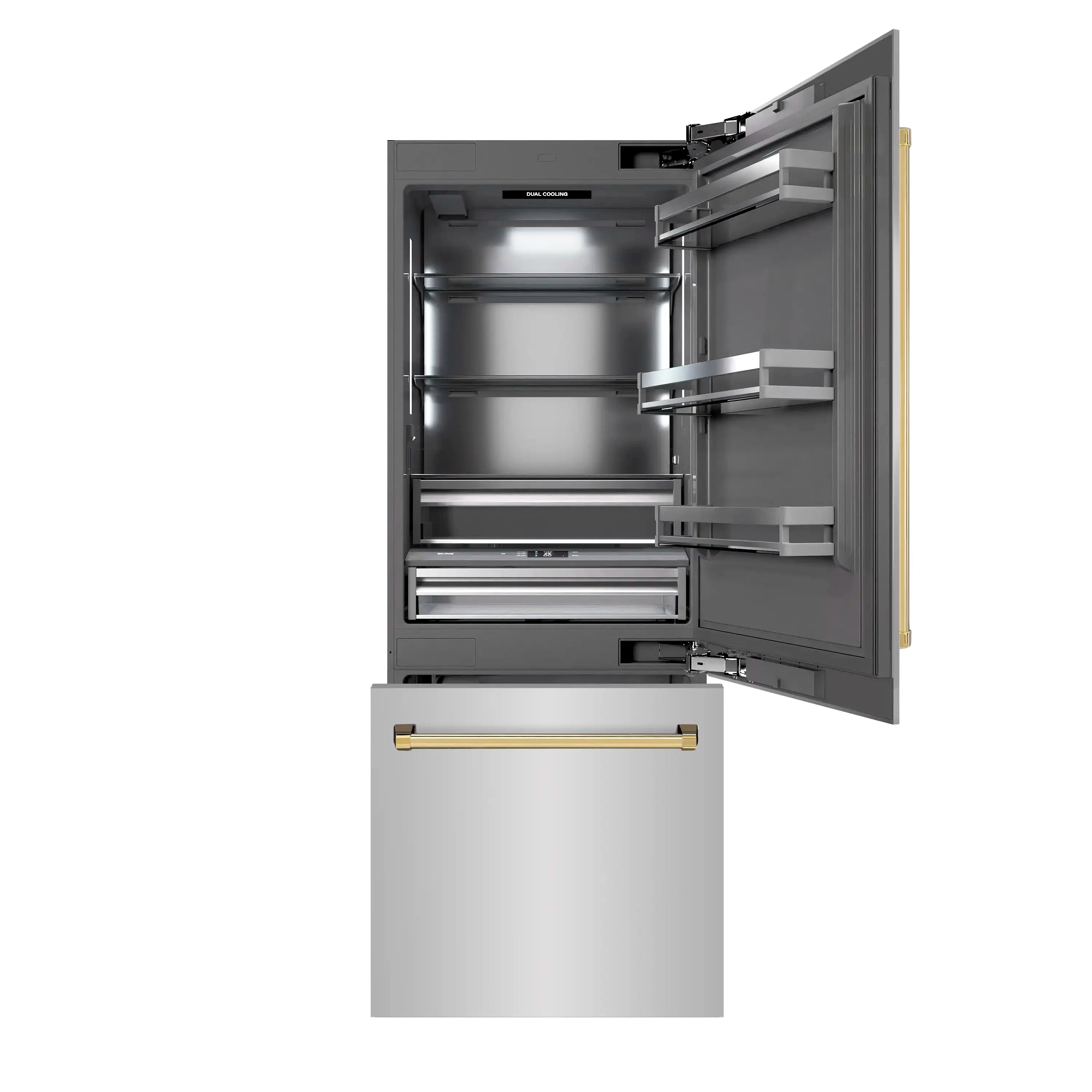 Open bottom freezer door with slide-out drawer and interior storage shelves