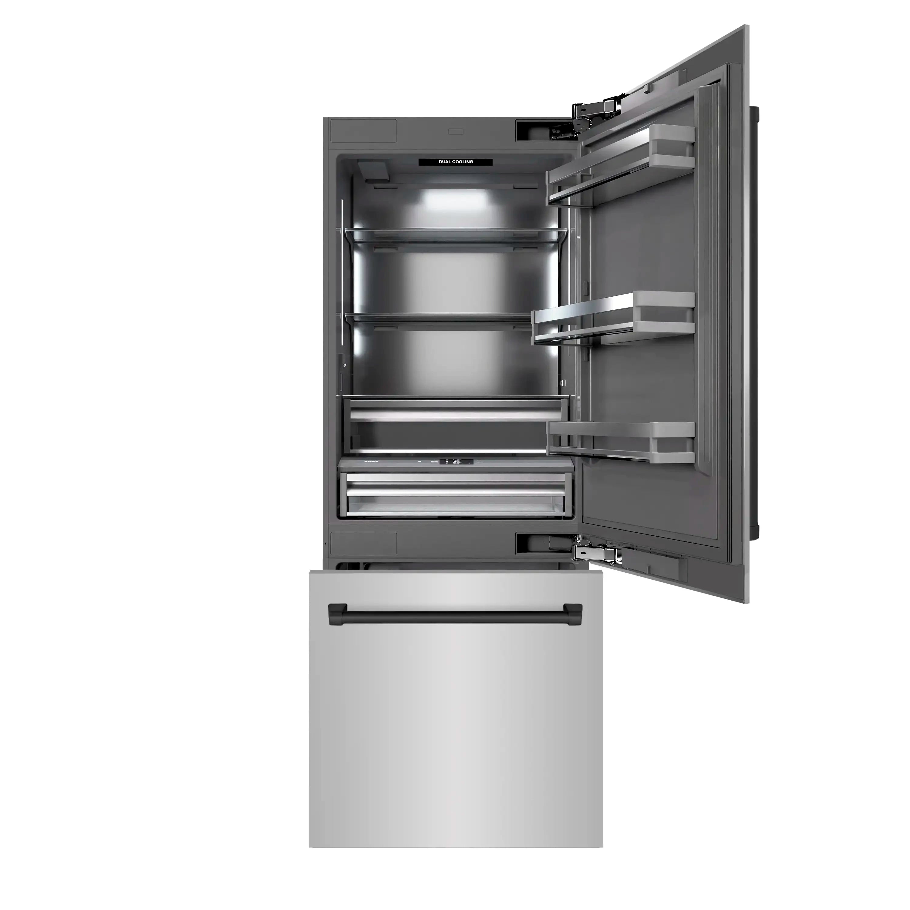 Stainless steel built-in bottom freezer refrigerator with open doors and drawer