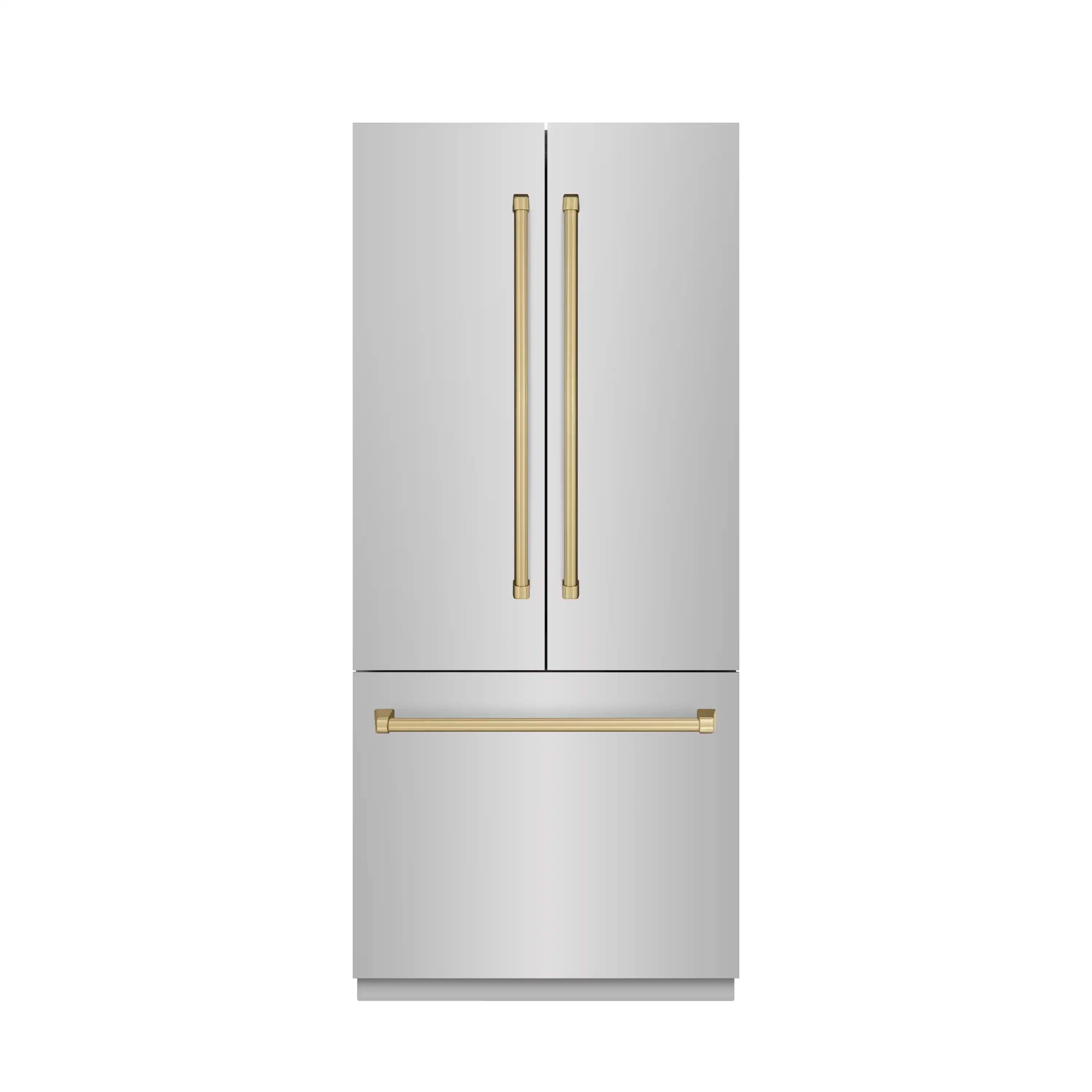 Built-in French door refrigerator exterior with champagne bronze vertical handles