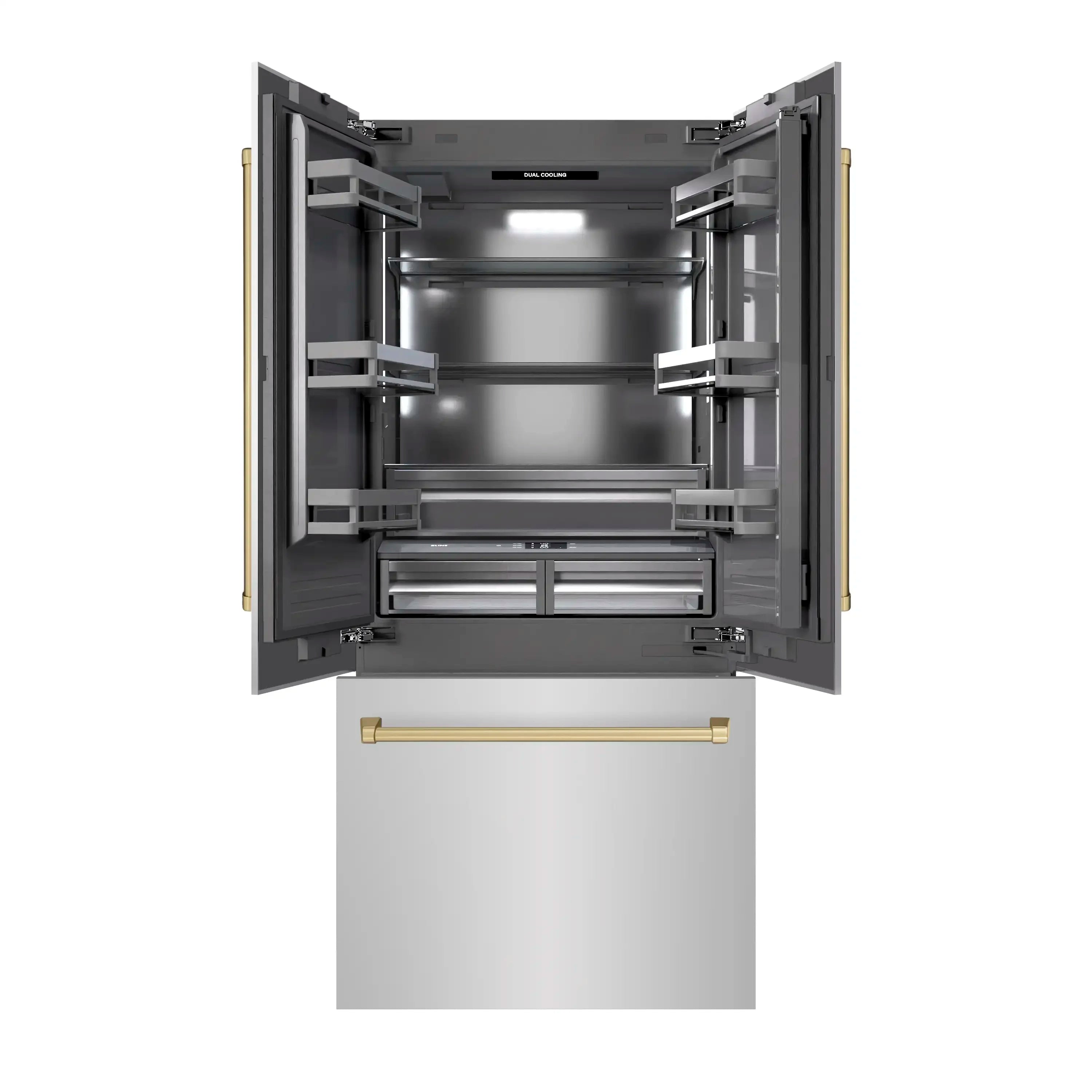 Built-in French door refrigerator with bottom freezer drawer and interior lighting