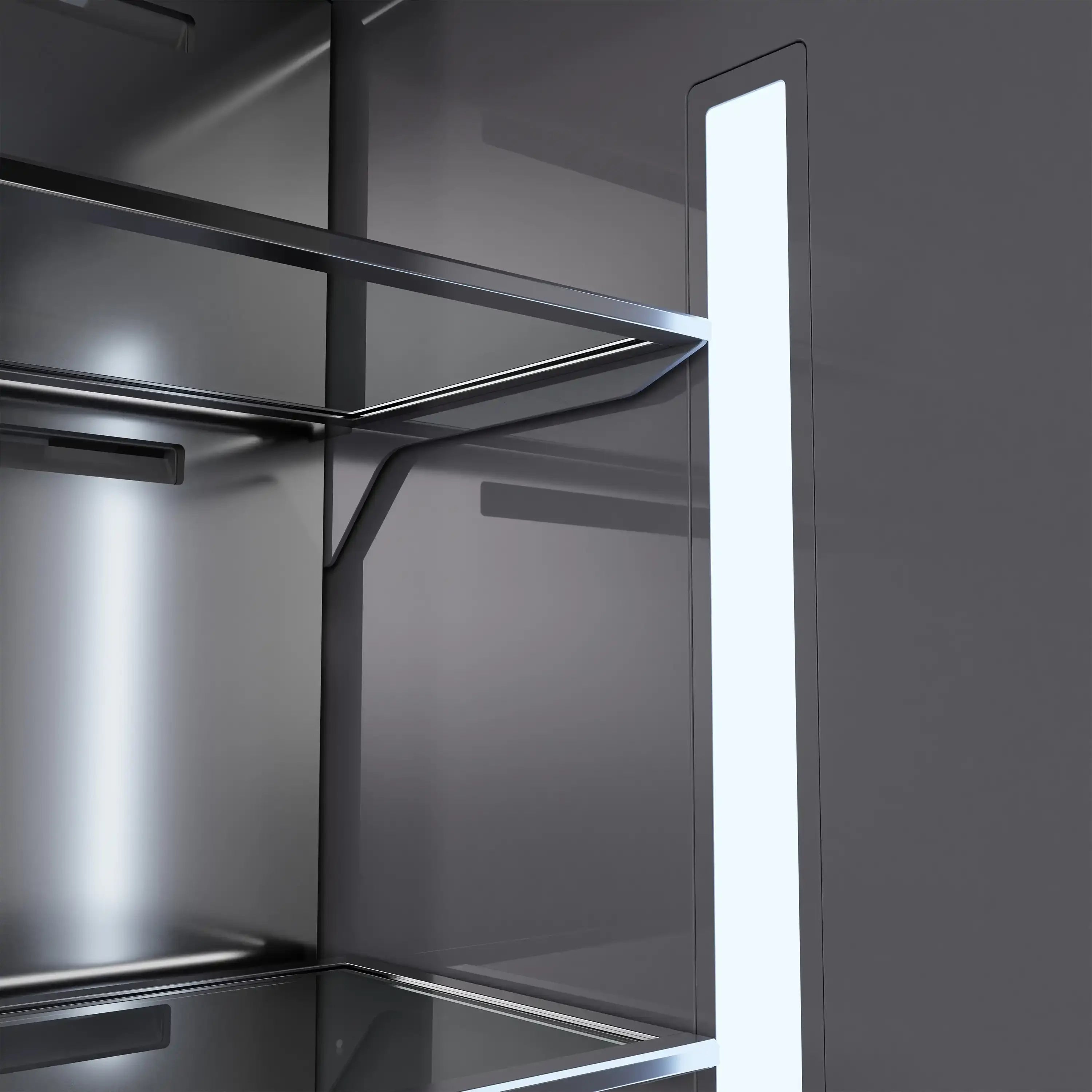 Refrigerator water dispenser area with stainless interior shelves in the door