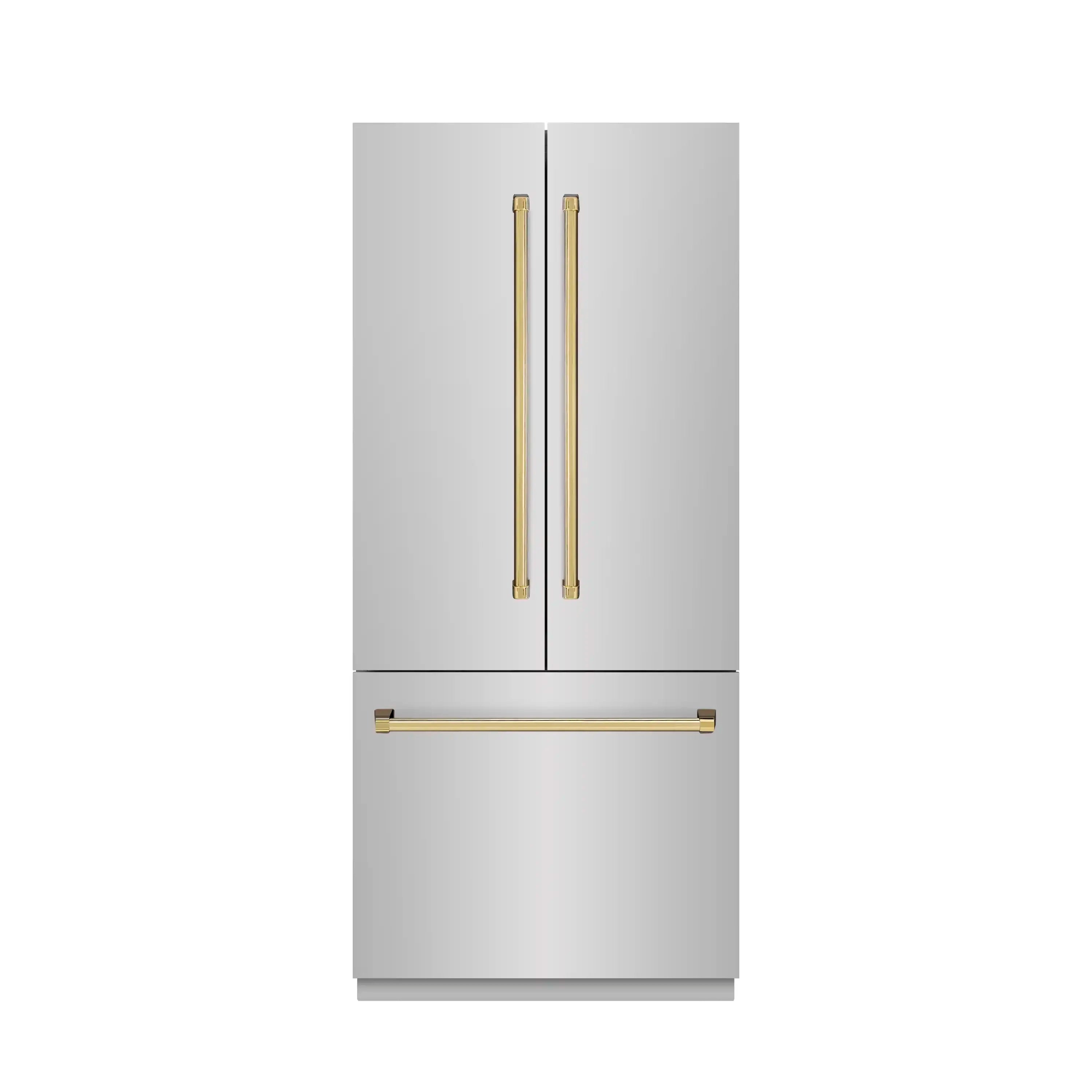 French door refrigerator with gold bar handles and bottom freezer drawer
