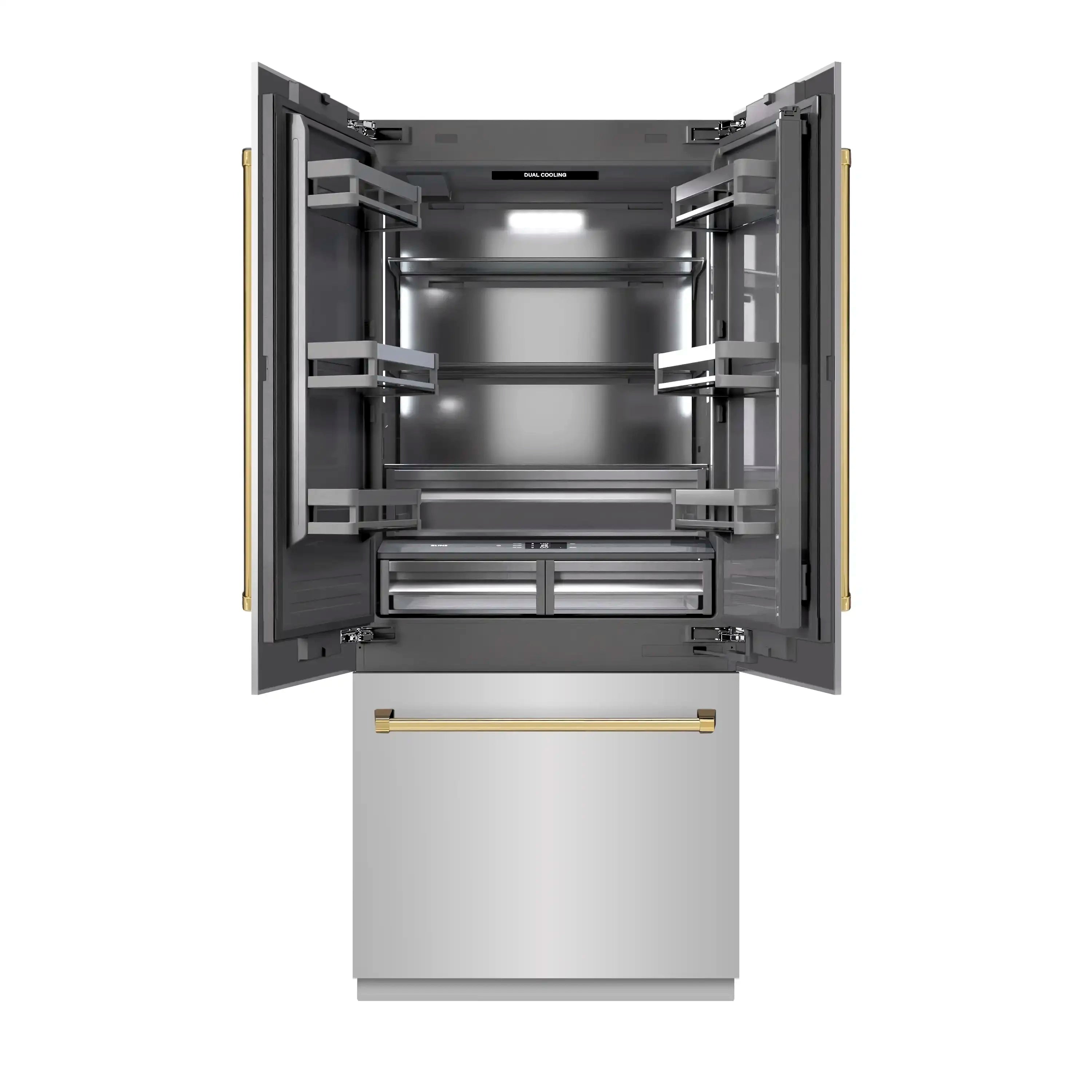 Open French door refrigerator showing interior shelves and bottom freezer drawer