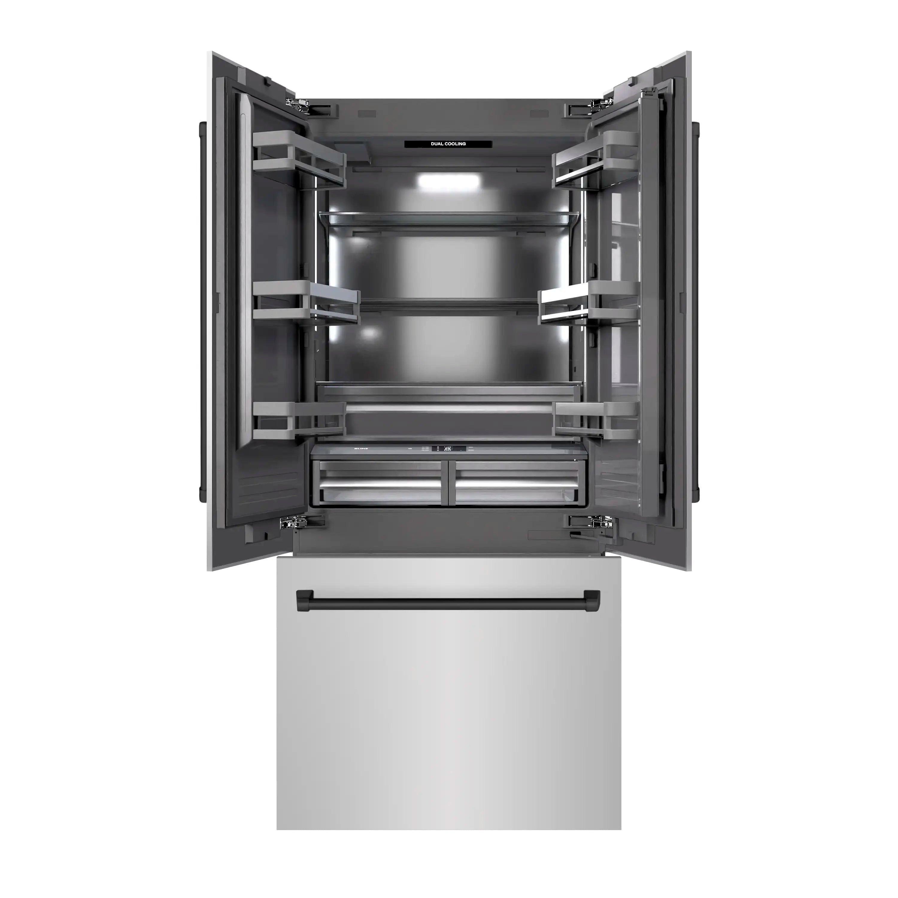 Open bottom-freezer compartment with gray shelves and interior light