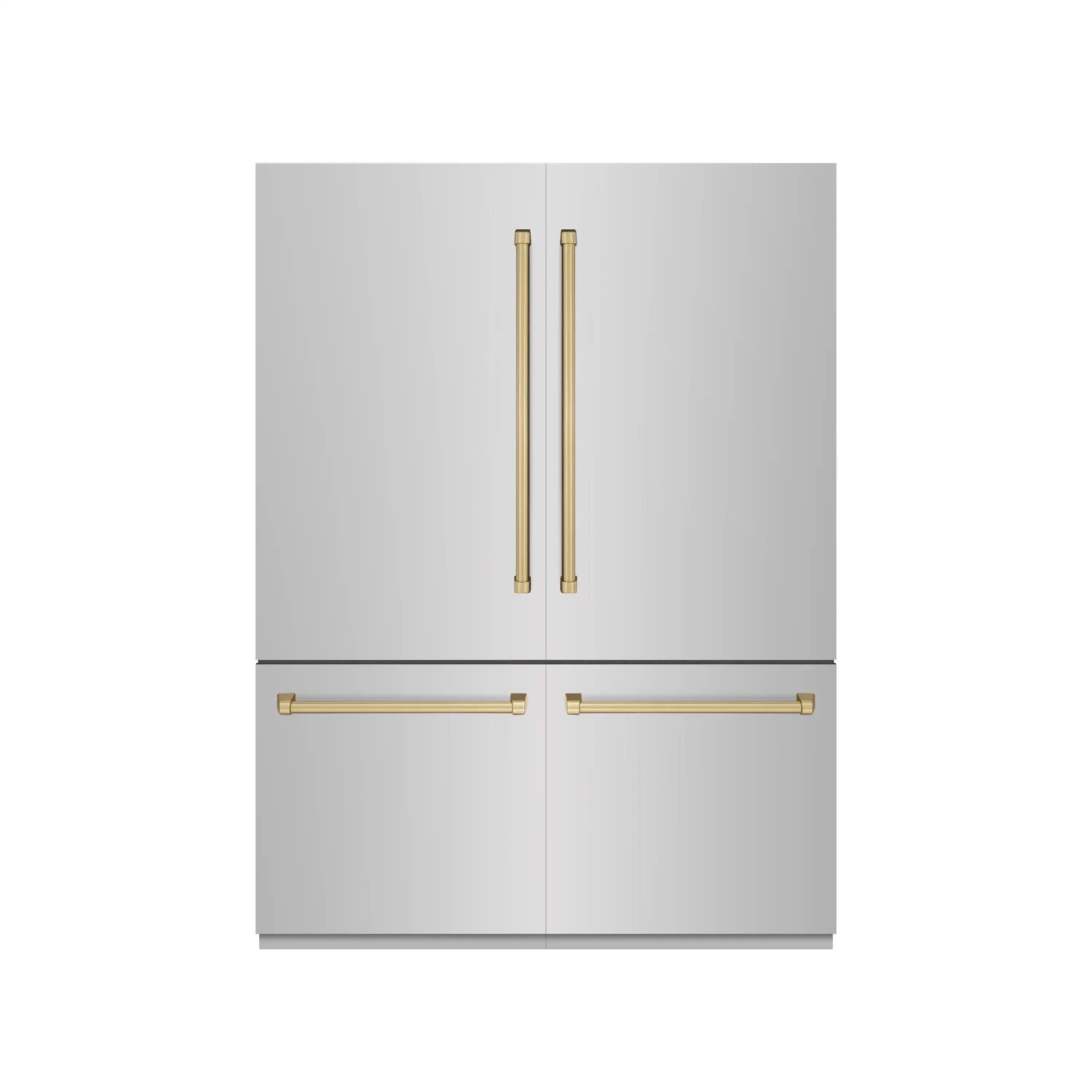 Stainless steel French door refrigerator with champagne bronze handle accents.