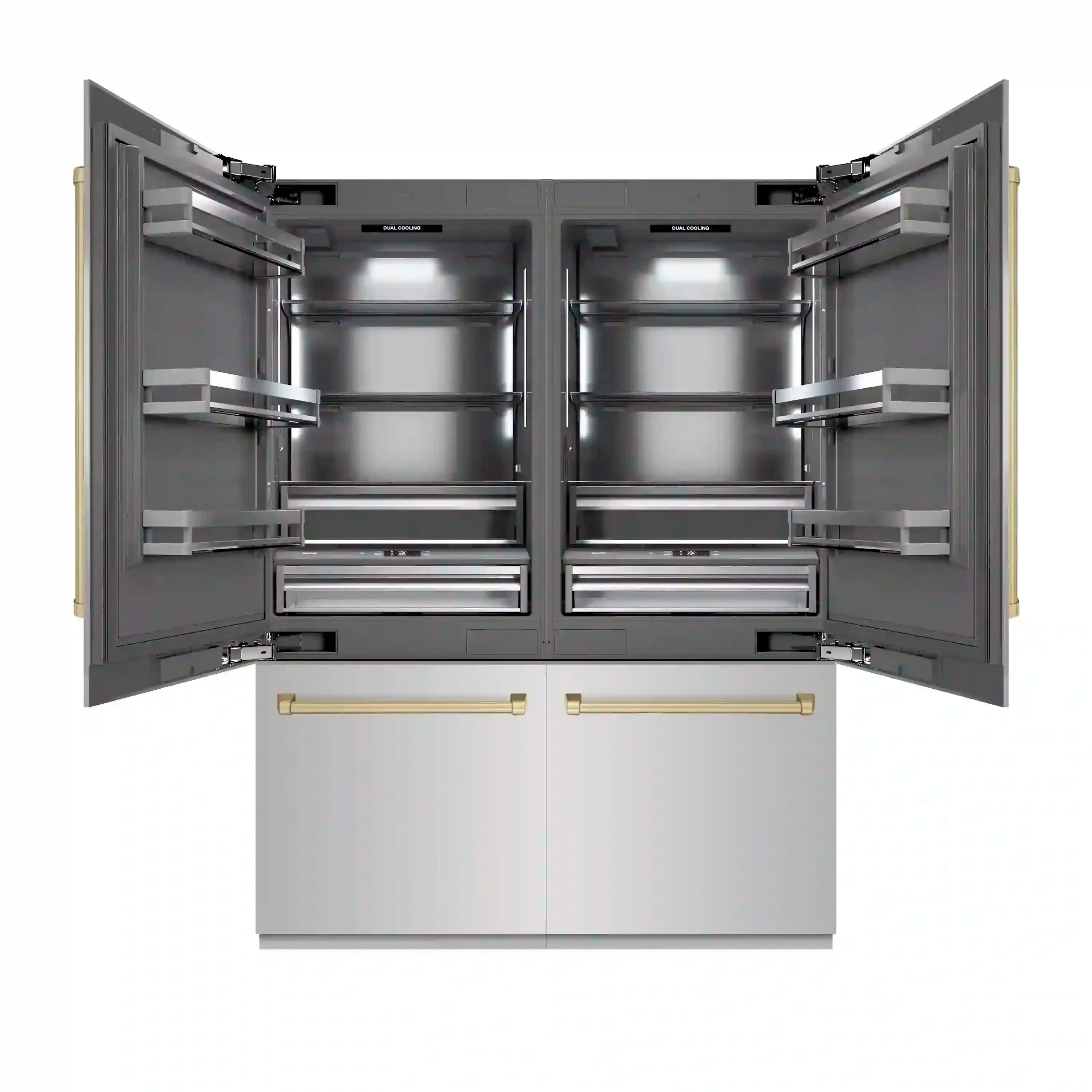 Open French door refrigerator with doors swung wide and middle storage shelves.