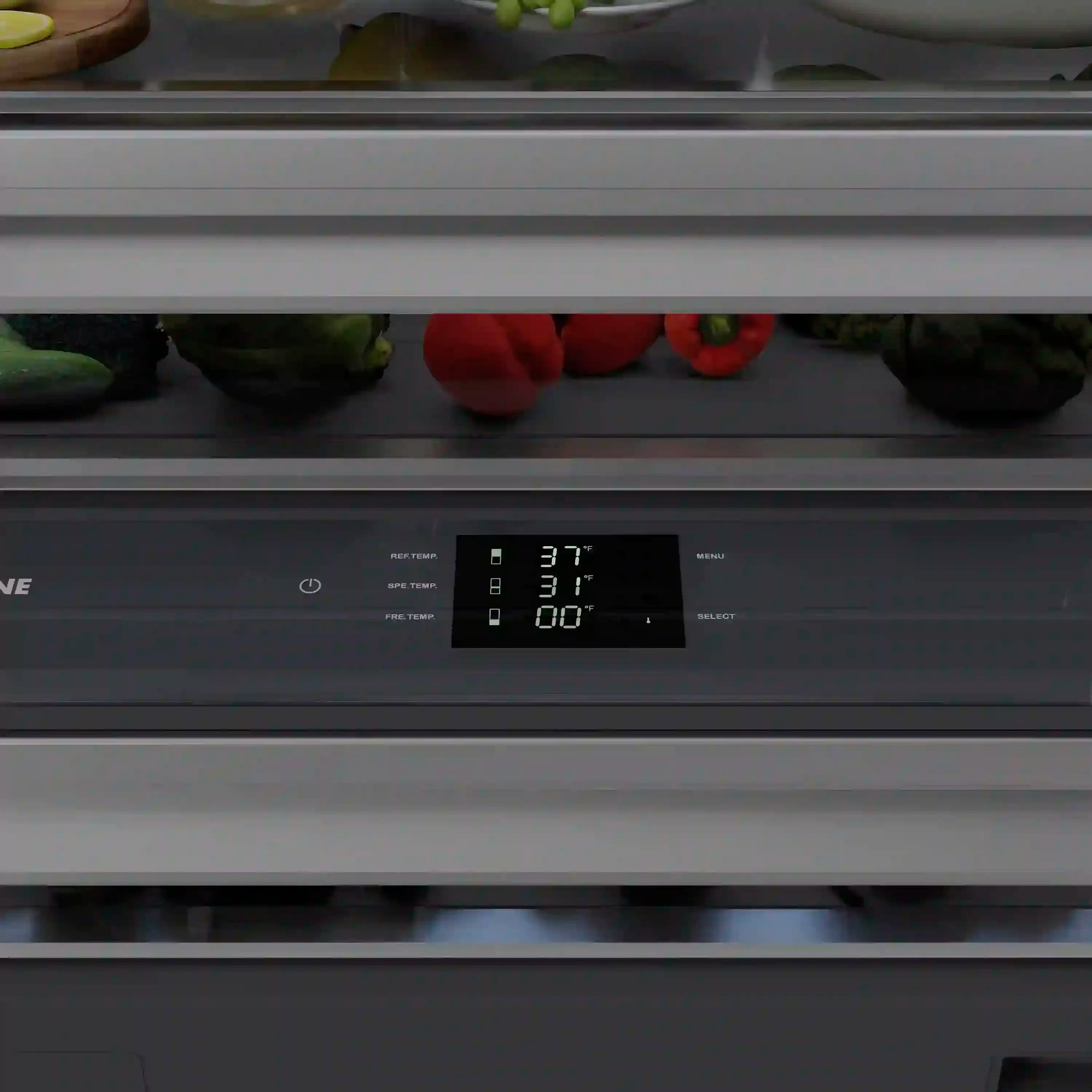 Stainless steel refrigerator control panel with digital temperature display.