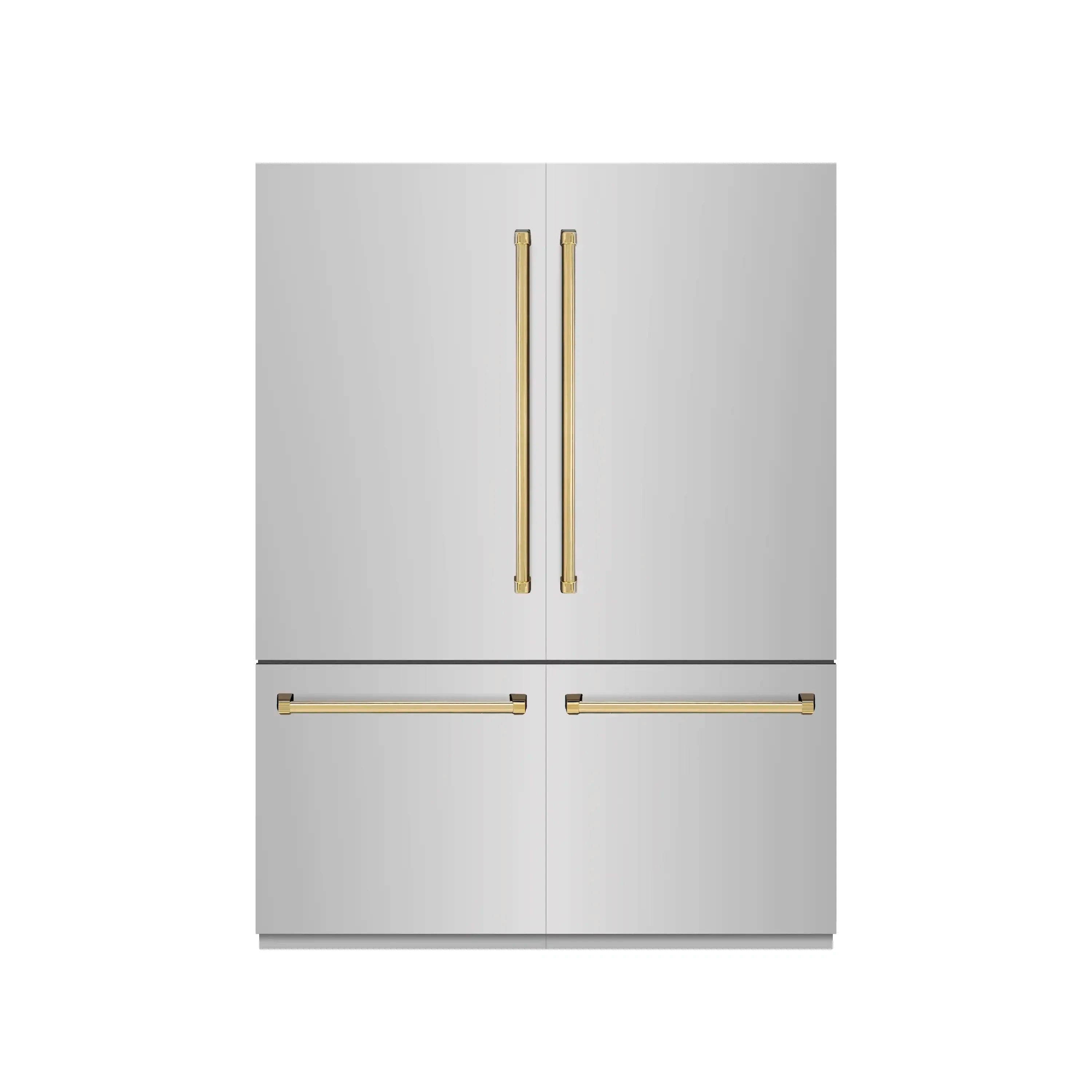 French door refrigerator with polished gold vertical handles and horizontal lower handles